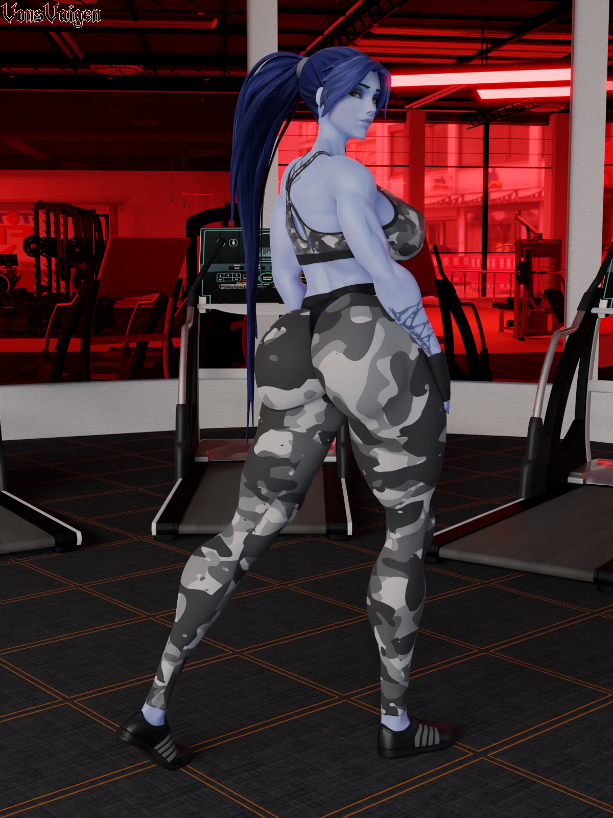 1girls, 3d, abs, amelie lacroix, ass, big ass, big breasts, blizzard entertainment, breasts, female, female only, fit, fit female, gym, looking at viewer, muscular, muscular female, overwatch, overwatch 2, purple skin, solo, sports bra, tattoo, thick thighs, tights, vonsvaigen, wide hips, widowmaker, yellow eyes