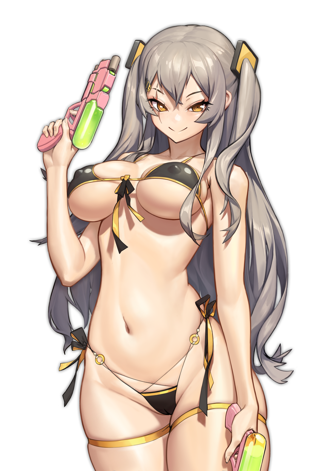 alternate breast size, alternate costume, alternate hairstyle, bikini, black bikini, breasts, brown eyes, collarbone, covered nipples, cowboy shot, dual wielding, female, girls' frontline, grey hair, hair ornament, highres, holding, large breasts, legband, long hair, looking at viewer, micro bikini, navel, ouer moyu, scar, scar across eye, simple background, smile, solo, stomach, swimsuit, twintails, ump45 (girls' frontline), underboob, water gun, white background