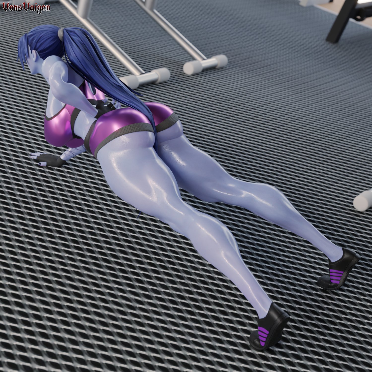 1girls, 3d, abs, amelie lacroix, ass, big ass, big breasts, blizzard entertainment, booty shorts, breasts, female, female only, fit, fit female, gym, looking at viewer, muscular, muscular female, one-handed push up, overwatch, overwatch 2, purple skin, push-up, short shorts, shorts, solo, sports bra, tattoo, thick thighs, tights, vonsvaigen, wide hips, widowmaker, yellow eyes