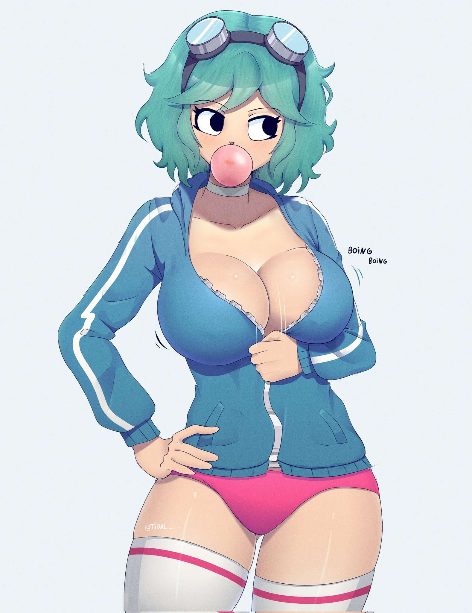 1girls, big breasts, blue hair, blue jacket, boing, boob window, bouncing breasts, breasts, bubble gum, clothed, clothed female, clothing, collar, female, female only, grabbing, hair, jacket, large breasts, no background, onomatopoeia, open jacket, panties, pink panties, ramona flowers, scott pilgrim, short hair, solo, text, thick thighs, thighhighs, thighs, tidal (artist), underwear