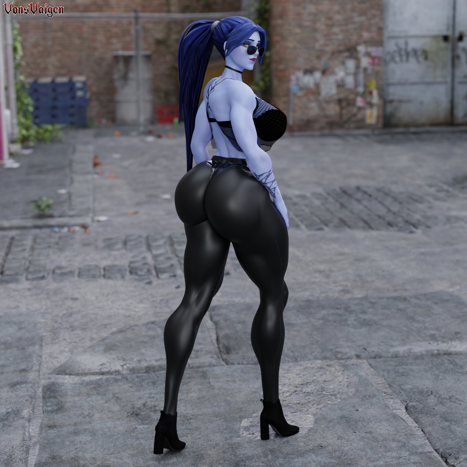 1girls, 3d, abs, amelie lacroix, ass, big ass, big breasts, blizzard entertainment, breasts, female, female only, fit, fit female, heels, high heel boots, high heels, looking at viewer, muscular, muscular female, overwatch, overwatch 2, purple skin, solo, sports bra, sunglasses, tattoo, thick thighs, tights, vonsvaigen, wide hips, widowmaker, yellow eyes