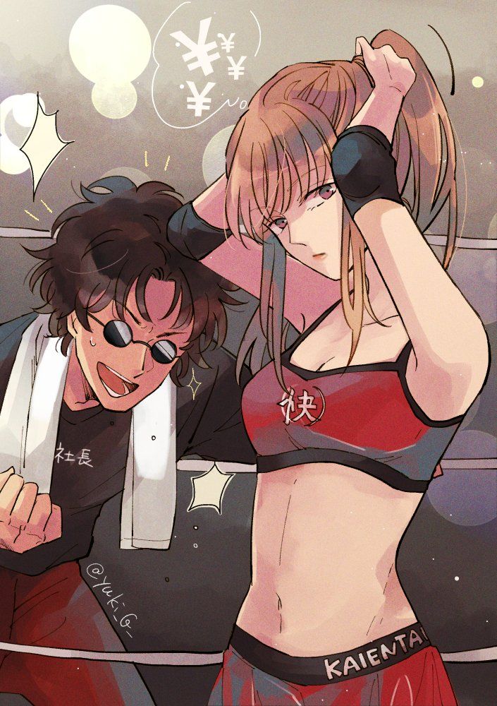 1boy 1girls alternate_costume bare_midriff boxing_ring brown_eyes brown_hair cleavage female fighter fighting_ring fully_clothed gintama light_brown_hair long_hair looking_at_viewer male mutsu_(gintama) ponytail sakamoto_tatsuma sports_bra sportswear sunglasses tying_hair yuki_g