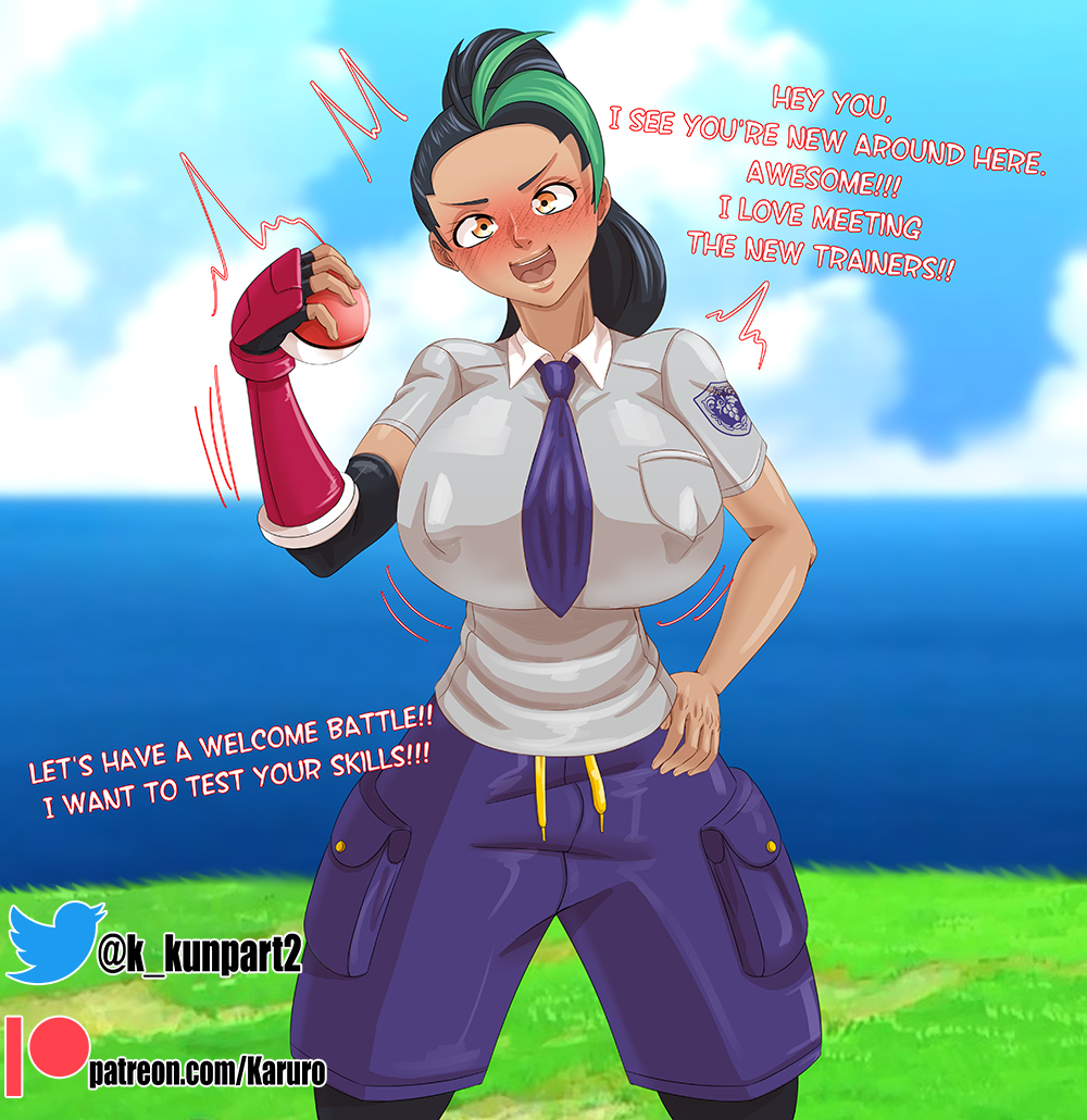 1girls, alternate breast size, breasts, busty, curvy, dark skin, dark-skinned female, english text, female, female only, game freak, huge breasts, karuro-kun, nemona (pokemon), nintendo, pokeball, pokemon, pokemon (game), pokemon sv, text, tie, voluptuous