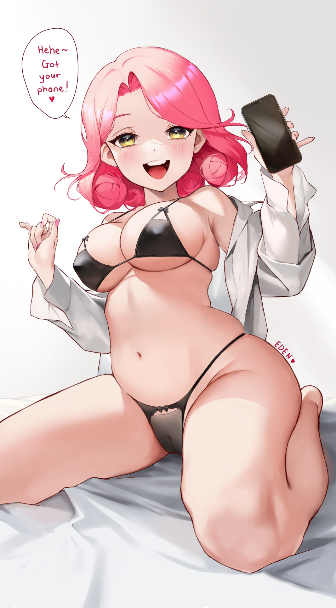 ass, bed, bedroom, big ass, big breasts, big butt, bikini, breasts, cute, eden (shiroki yuutsu), english, english text, female, holding phone, lingerie, looking at viewer, on knees, original, pink hair, pink nails, see-through clothing, see-through panties, smile, smiling, smiling at viewer, text, text bubble, vanilla (eden (shiroki yuutsu)), white shirt, yellow eyes