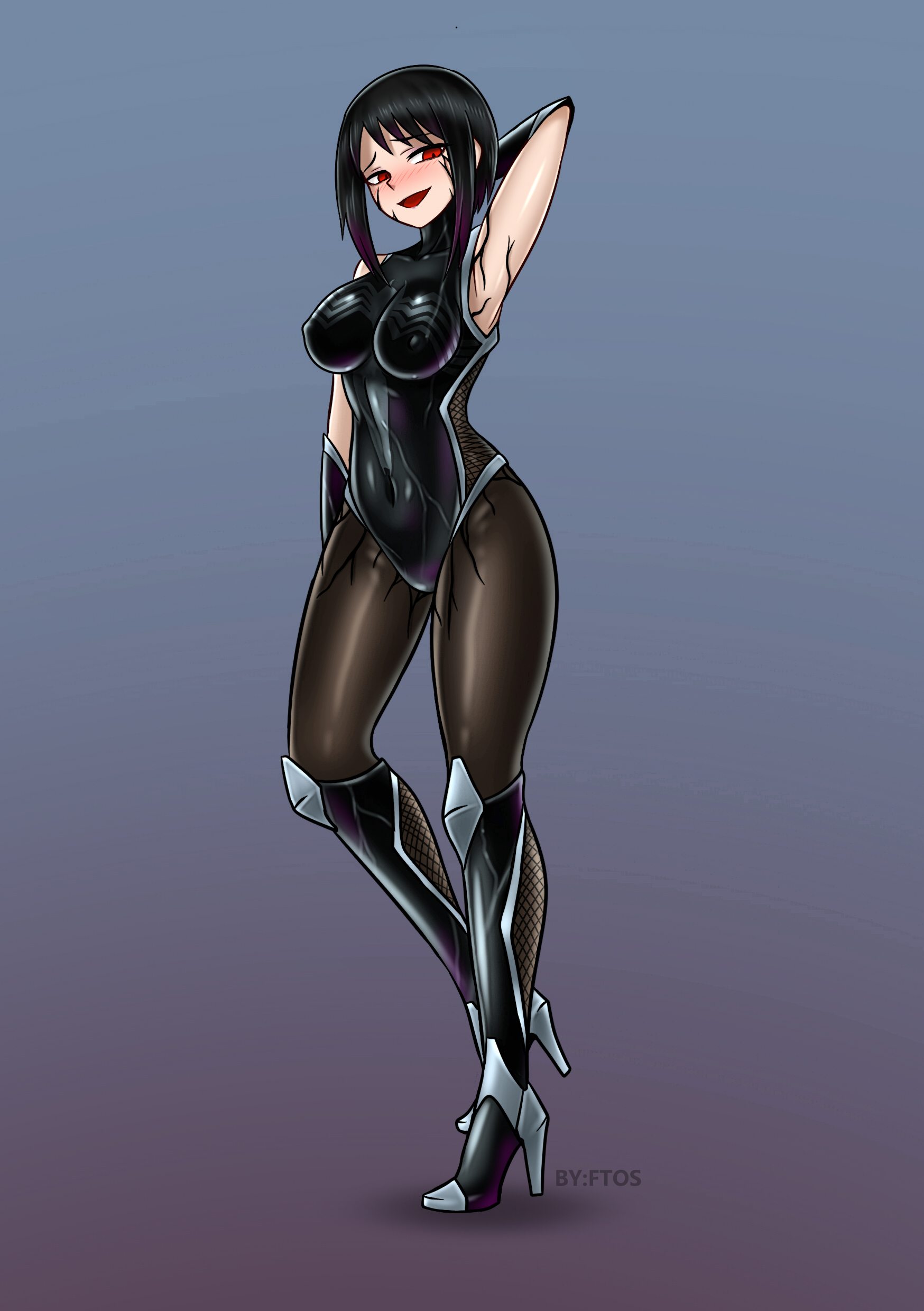 blackftos, bodysuit, breasts, corruption, enemy conversion, female, high heels, large breasts, marvel, marvel comics, red eyes, symbiote, taimanin (series), taimanin suit, thick lips, thick thighs, venom, venom (marvel), wide hips