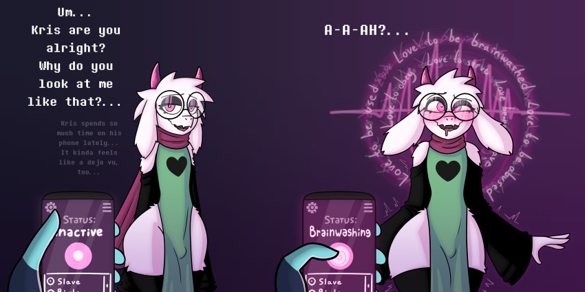 2d absurd_res alternate_costume app bare_shoulders before_and_after blue_skin blush brainwashing bulge cellphone clothed color cross-eyed crossed_eyes deltarune dialogue dom_pov drool drooling english english_dialogue english_text femboy fingerless freemindstuff furry girly glass gloves goat happy_trance heart heart_eyes horns hypnosis hypnotic_accessory hypnotic_app hypnotic_device hypnotic_phone kris_(deltarune) male_focus male_sub mantra mind_control open_mouth phone pink_eyes pov pov_dom purple_background ralsei robe simple_background smile standing surprised tech_control text thighhighs trembling undertale undertale_(series) white_body white_fur white_hair white_skin wide_hips