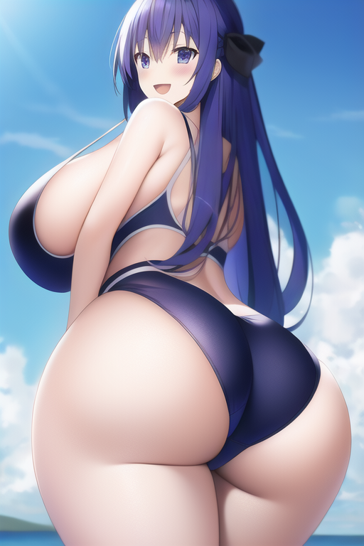 ai_generated ass_focus black_bikini blue_eyes curvy curvy_figure date_a_live gigantic_ass gigantic_breasts huge_ass huge_breasts long_hair looking_at_viewer nai_diffusion purple_hair shiny_bikini shiny_hair stable_diffusion sunlight thick_thighs voluptuous yatogami_tohka