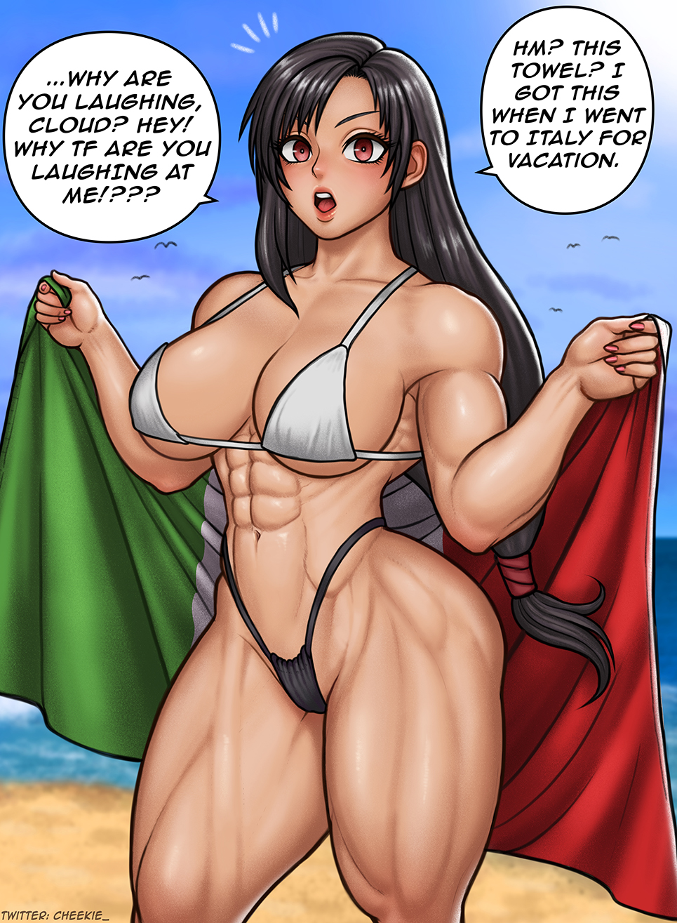 1girls abs beach belly_button big_breasts bikini birds busty cheekie0 cleavage dark_hair english_text final_fantasy final_fantasy_vii holding_object human human_only italian_flag italian_senate_hack long_hair looking_at_viewer meme muscular muscular_female muscular_thighs obliques ocean open_mouth sand sideboob simple_bird sky solo speech_bubble surprised tied_hair tifa_lockhart underboob unseen_character wide_hips