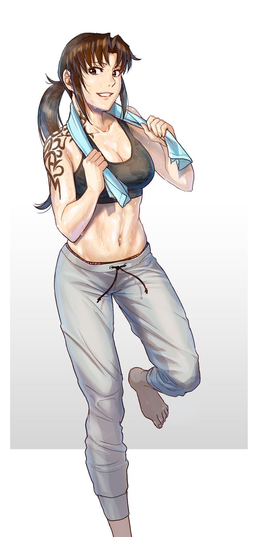 1girls after_workout athletic_female azasuke black_lagoon cleavage female fit_female large_breasts ponytail revy smiling sports_bra sweat sweatpants sweaty_breasts sweaty_clothes toned_female towel visible_underwear workout_clothes