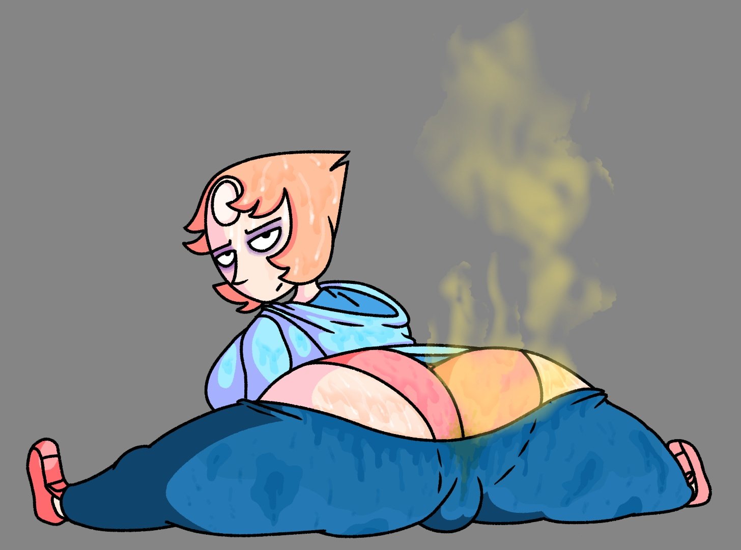 1girls, 2020, ass, ass cleavage, ass crack, brap, butt crack, denim, fart, female, grey background, hoodie, jeans, looking at viewer, looking back, mrwastemaster, panties, pearl (steven universe), pink panties, solid color background, solo, solo female, splits, steven universe, swamp ass, sweat, sweaty ass, sweaty butt