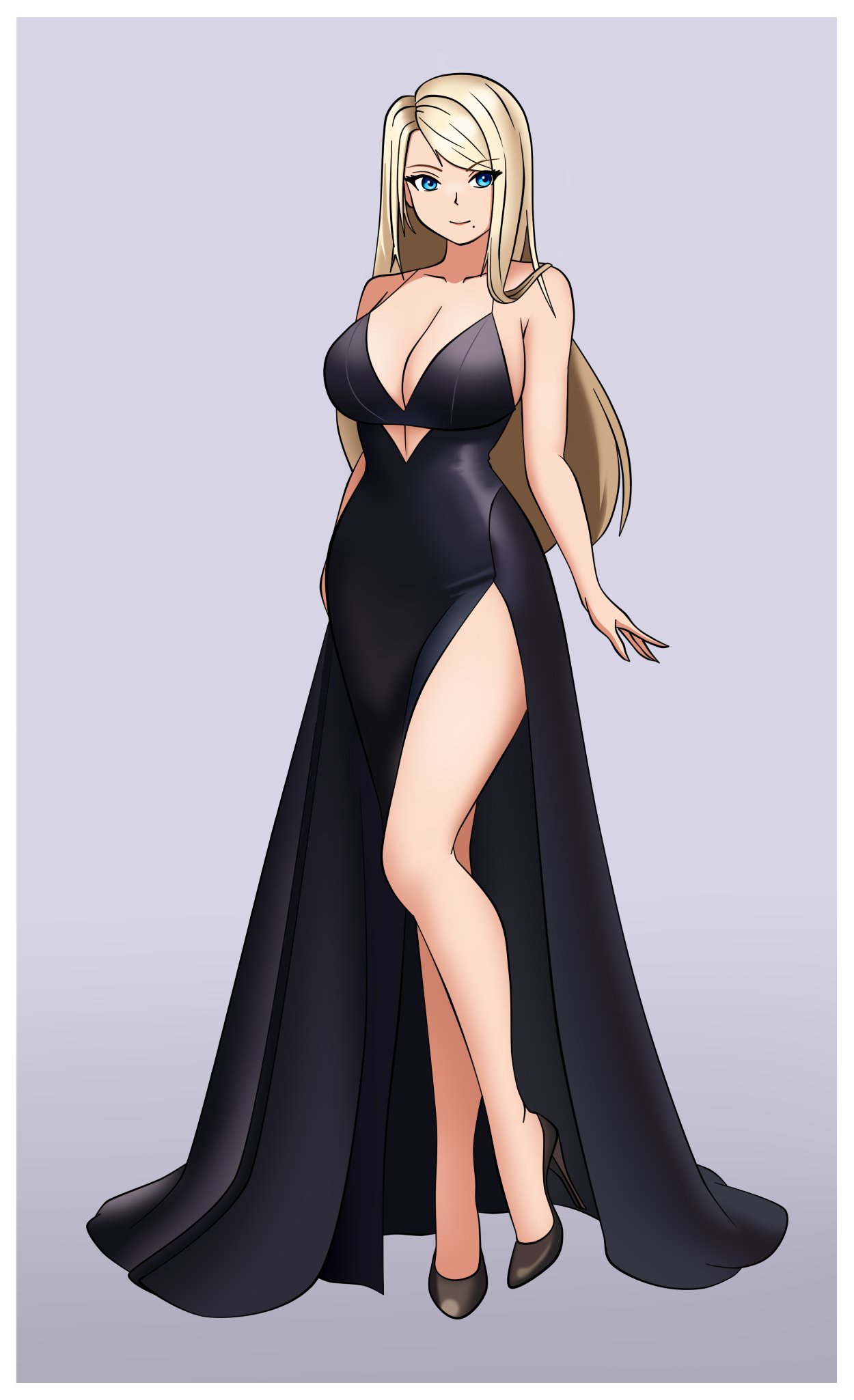 1girls, 2d, alternate costume, big breasts, black dress, black footwear, blonde hair, blue background, blue eyes, breasts, cleavage, curvy, dress, female, hair down, high heels, highres, huge breasts, legs, light skin, light smile, lipstick, long legs, looking away, looking to the side, makeup, mcarthur1010, metroid, mole, nintendo, outline, samus aran, simple background, smile, solo, solo female, spaghetti strap, thighs, tsurime, white outline, woomy1010