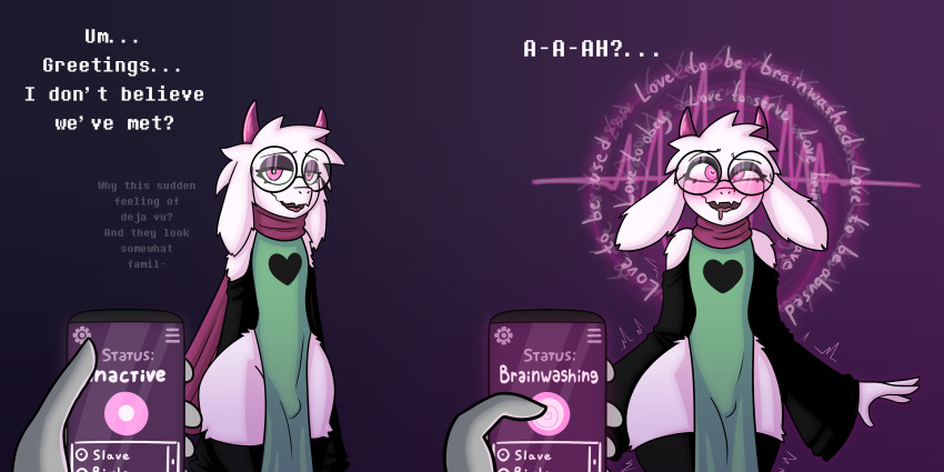 2d absurd_res alternate_costume app bare_shoulders before_and_after blush brainwashing bulge cellphone clothed color cross-eyed crossed_eyes deltarune dialogue dom_pov drool drooling english english_dialogue english_text femboy fingerless freemindstuff furry girly glass gloves goat happy_trance heart heart_eyes horns hypnosis hypnotic_accessory hypnotic_app hypnotic_device hypnotic_phone male_focus male_only male_sub mantra mind_control open_mouth phone pink_eyes pov pov_dom purple_background ralsei robe simple_background smile standing surprised tech_control text thighhighs trembling undertale undertale_(series) white_body white_fur white_hair white_skin wide_hips