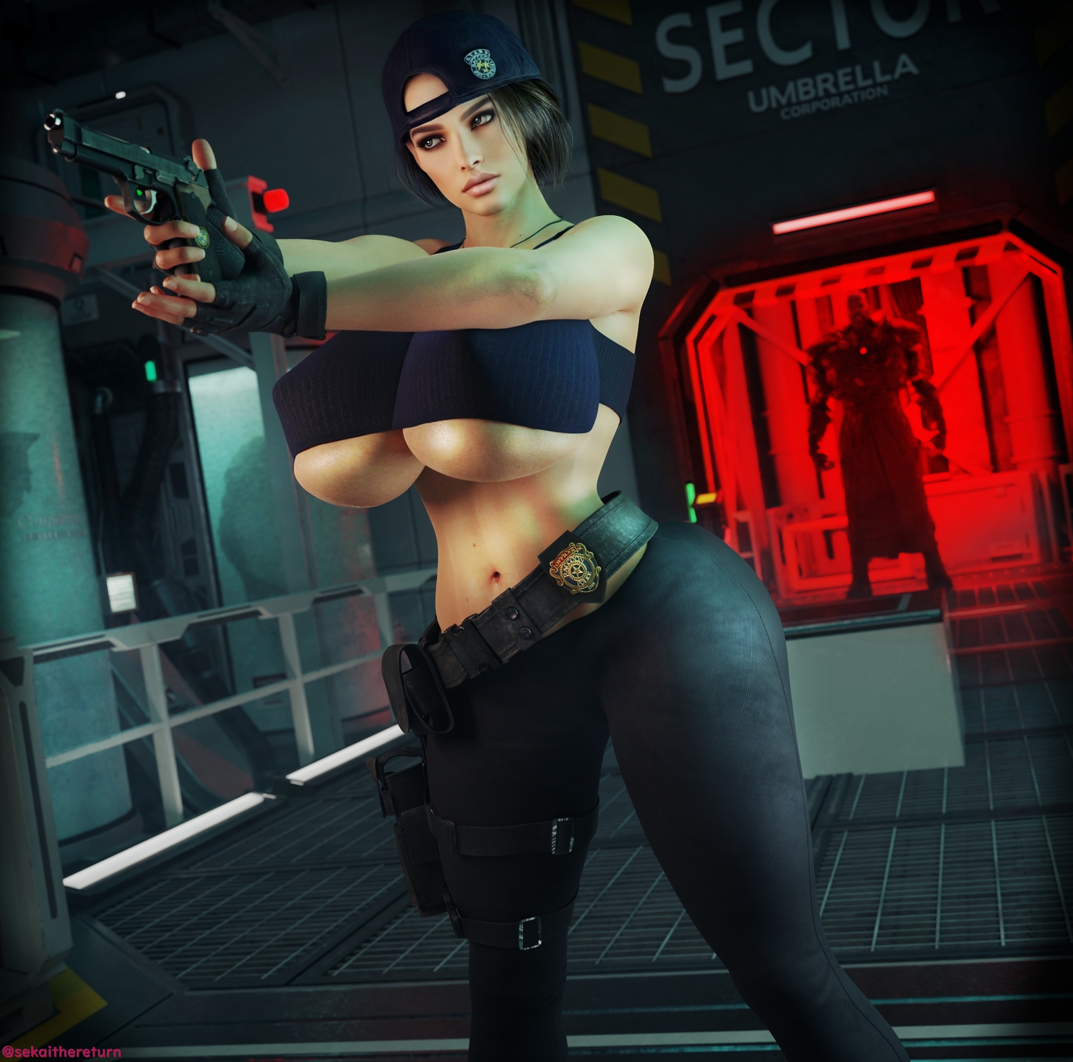 3d, action pose, big breasts, blue eyes, breasts, brown hair, bursting breasts, busty, capcom, cleavage, erect nipples, female, female focus, female only, hourglass figure, imminent rape, jill valentine, jill valentine (sasha zotova), large breasts, makeup, nemesis (resident evil), nipple bulge, nipples, overflowing breasts, pinup, pinup pose, pose, posing, resident evil, sekaithereturn, short hair, skimpy, skimpy clothes, tagme, underboob, wide hips