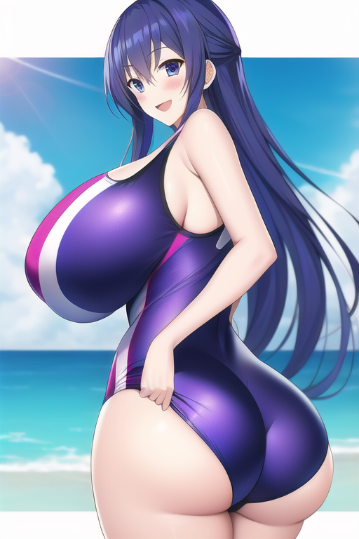 ai_generated ass_focus blue_eyes curvy curvy_figure date_a_live gigantic_ass gigantic_breasts huge_ass huge_breasts long_hair looking_at_viewer nai_diffusion purple_hair purple_swimsuit shiny_bikini shiny_hair stable_diffusion sunlight thick_thighs voluptuous yatogami_tohka