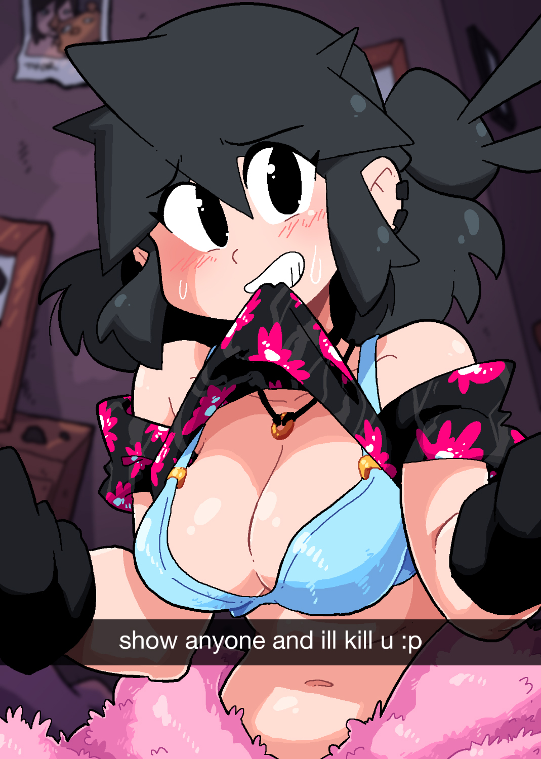 1girls, black hair, blue bra, blush, bra, breasts, busty, cleavage, ear piercing, english text, female, flashing, large breasts, looking at viewer, lucia (scott malin), original, scott malin, selfie, shirt lift, smile, snapchat, sweatdrop, teasing, text bubble, twintails