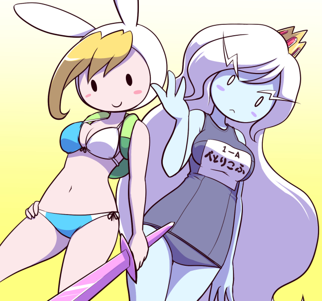 2015 2girls adventure_time backpack belly belly_button bikini bikini_bottom bikini_top blush cartoon_network cleavage crown duo eyebrows_visible_through_hair female_focus female_only fionna_the_human_girl hand_on_hip hat ice_queen ice_queen_(adventure_time) long_hair looking_at_viewer nollety one-piece_swimsuit pose smile standing swimsuit sword thick_eyebrows