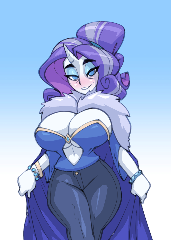 aged up, alternate species, anthro, big breasts, bigdad, blush, bracelet, breasts, cape, cleavage, clothed, clothing, equid, equine, female, friendship is magic, half-closed eyes, hasbro, horn, huge breasts, humanized, humanoid, humanoidized, jewelry, looking at viewer, mammal, mature, mature anthro, mature female, my little pony, narrowed eyes, navel, older mane six (mlp), rarity (mlp), solo, unicorn, wide hips