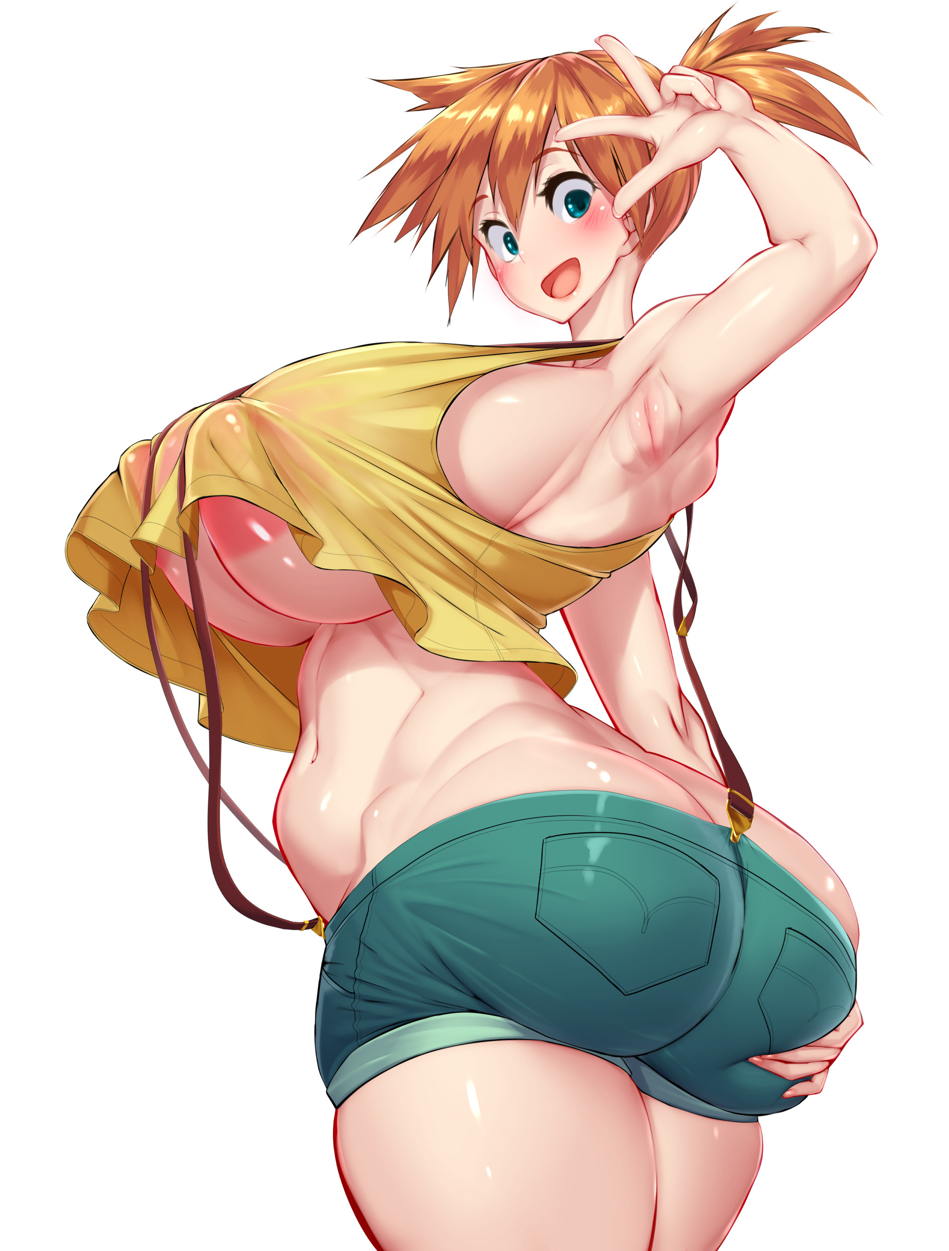 1girls, armpits, ass, ass cleavage, ass crack, ass grab, ass support, asymmetrical hair, back, bangs, bare arms, bare shoulders, big ass, big breasts, big butt, bimbo, black gloves, blue eyes, blush, breasts, butt crack, clothed, clothes, clothing, cowboy shot, crop top, cutoffs, denim, denim shorts, eyelashes, female, female only, fingerless gloves, from behind, game freak, gen 1 pokemon, gigantic breasts, gloves, gluteal fold, green eyes, green shorts, groping, gym leader, high resolution, hips, holding, holding object, holding poke ball, huge ass, huge breasts, huge butt, human, human only, kasumi (pokemon), kawahagitei, large ass, large breasts, large butt, legs, legs together, looking back, massive breasts, multiple views, navel, nintendo, nipples, open fly, orange hair, poke ball, pokemon, pokemon (anime), pokemon (classic anime), pokemon (game), pokemon rgby, ponytail, pussy, shirt, short hair, short shorts, shorts, side ponytail, simple background, sleeveless, sleeveless shirt, solo, solo female, suspender shorts, suspenders, thick, thick ass, thick thighs, thigh gap, thighs, tied hair, v, vagina, very high resolution, white background, wide hips, yellow shirt