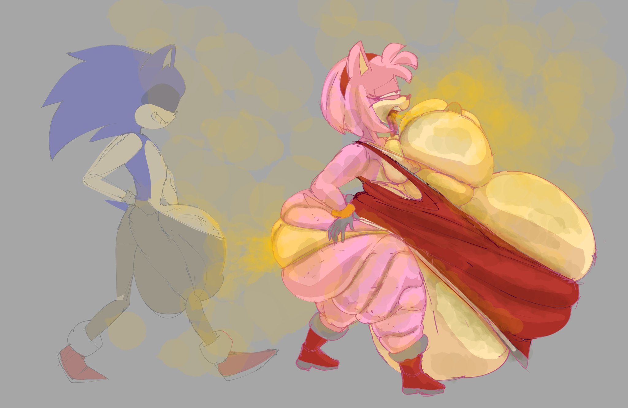 1boy, 1girls, 2023, amy rose, anthro, ass, ass cleavage, ass crack, belch, belching, big ass, big belly, big breasts, big penis, breasts, bulge, burp, burp cloud, burp fetish, burping, butt crack, cleavage, fart, fart cloud, fart fetish, farting, fat, female, fur, huge ass, huge belly, huge cock, hyper, hyper belly, hyper penis, male, mrwastemaster, obese, panties, penis, slob, smelly, smelly ass, solid color background, sonic (series), sonic the hedgehog, tagme, visible stench