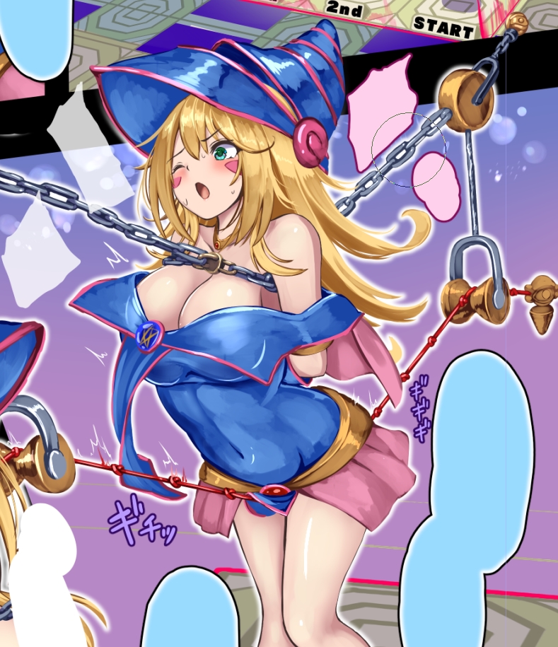 bead_sex_machine big_breasts blonde_hair blush blush_stickers bondage bound chains cleavage crotch_rope dark_magician_girl duel_monster female female_only femsub fully_clothed monikano predicament_bondage rope yu-gi-oh!