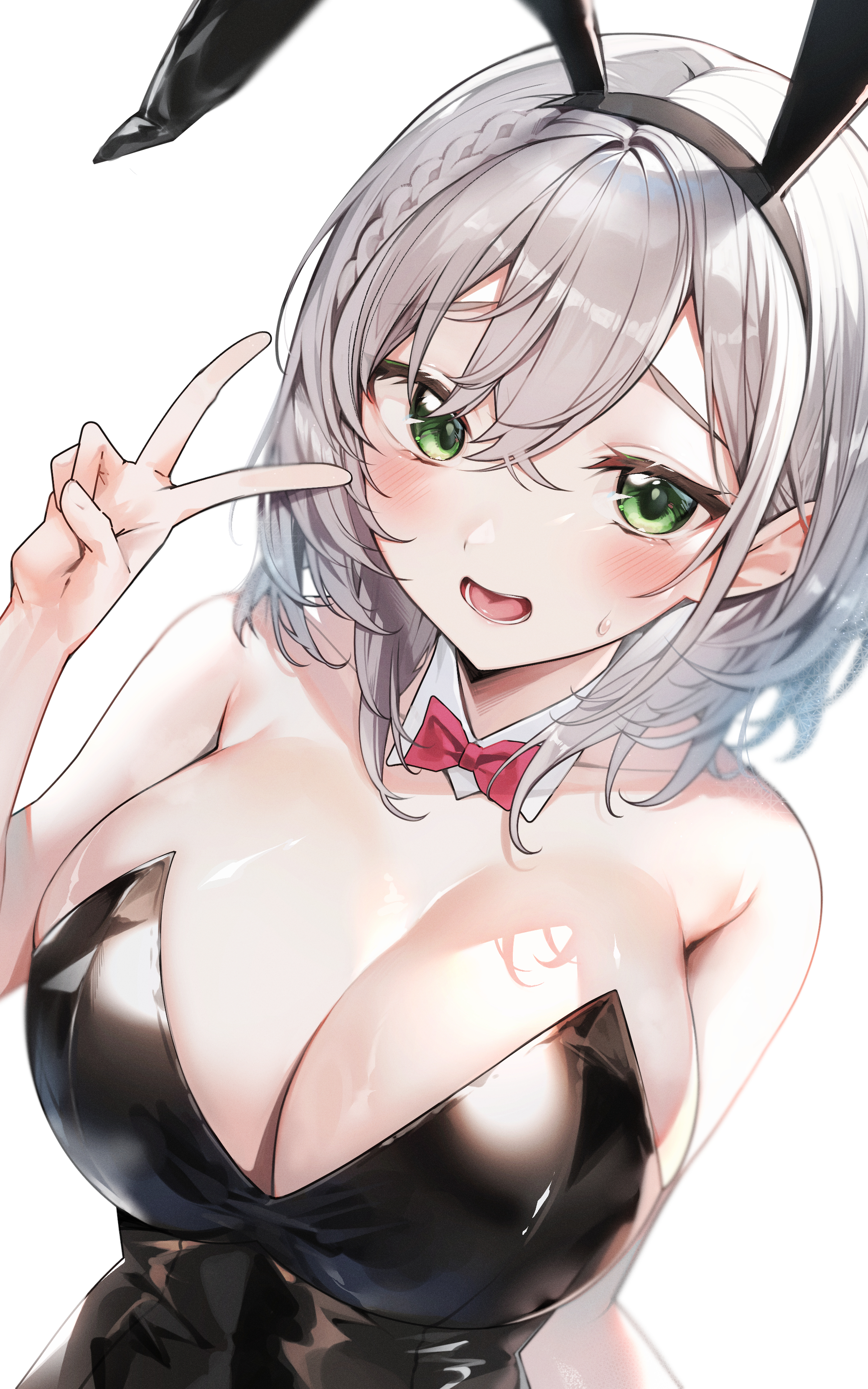 2023, big breasts, black leotard, blush, bow, breasts, bunny ears, cleavage, detached collar, female, green eyes, grey hair, hololive, hololive fantasy, hololive japan, large breasts, leotard, looking at viewer, nitogebeto, open mouth, peace sign, playboy bunny, shirogane noel, simple background, upper body, v, v sign, virtual youtuber, white background