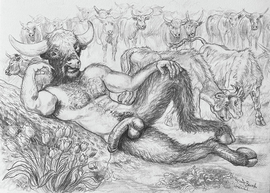 2021 anthro balls biceps bodily_fluids body_hair bovid bovine chest_hair erection european_mythology feral flower genital_fluids genitals greek_mythology group hooves horns humanoid humanoid_genitalia humanoid_penis male mammal marc_debauch minotaur mythology navel nipples penis plant precum pubes