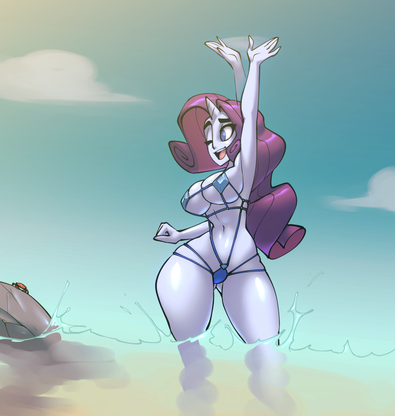 alternate species, arthropod, big breasts, bigdad, bikini, breasts, butt from the front, clothed, clothing, cloud, crab, crustacean, decapoda, female, feral, friendship is magic, hair, hasbro, hi res, horn, horned humanoid, humanized, humanoid, humanoidized, legs in water, malacostracan, marine, my little pony, navel, not furry focus, outside, partially submerged, partially submerged legs, rarity (mlp), skimpy, sky, solo, submerged legs, swimwear, water, wide hips