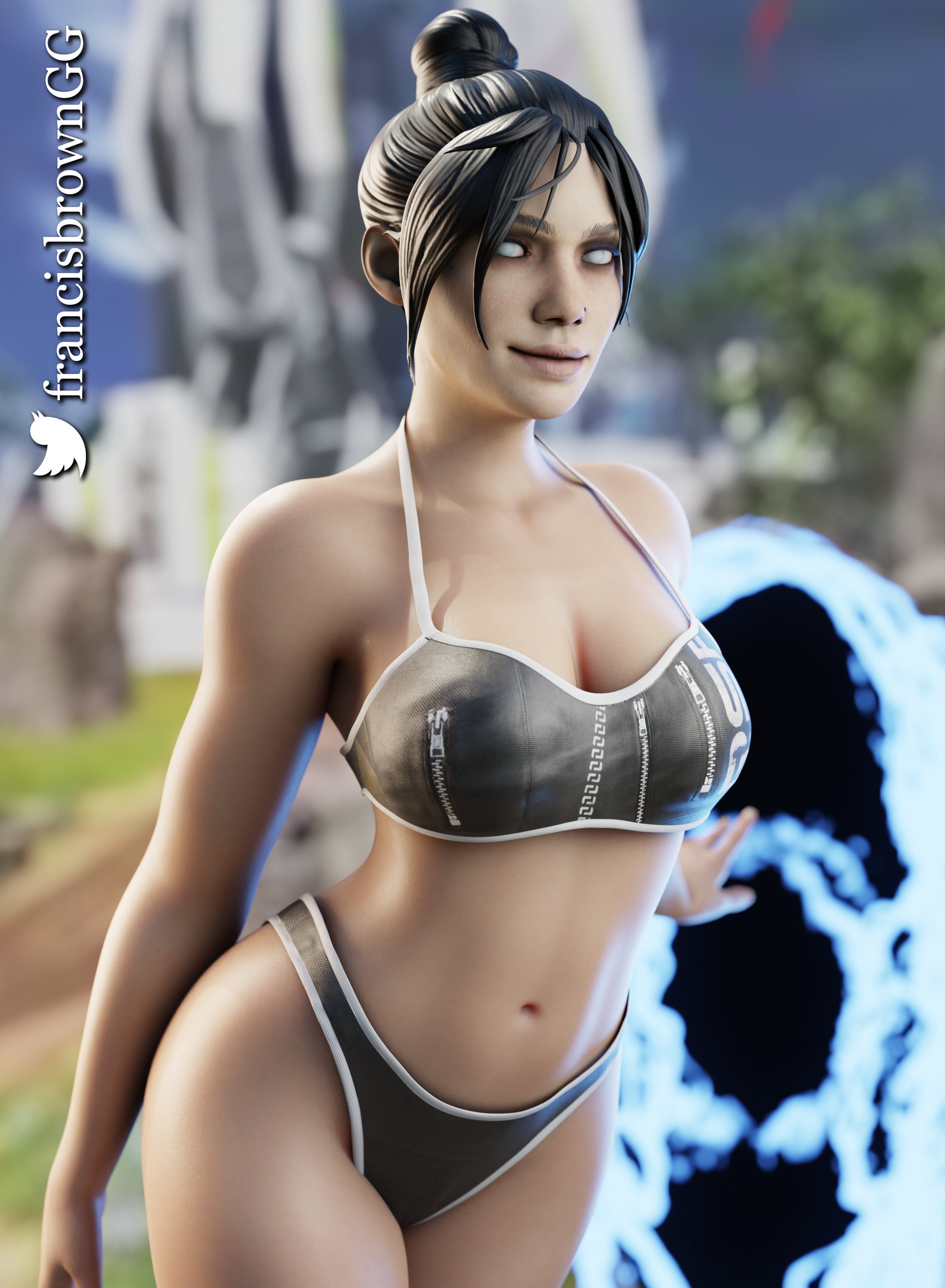 1girls, 3d, alternate version at source, alternate version available, apex legends, big breasts, bikini, black hair, blender, breasts, female, female only, francis brown, large breasts, light skin, light-skinned female, pale skin, pale-skinned female, petite, portal (object), respawn entertainment, seductive eyes, seductive look, solo, swimsuit, white eyes, wraith (apex legends)