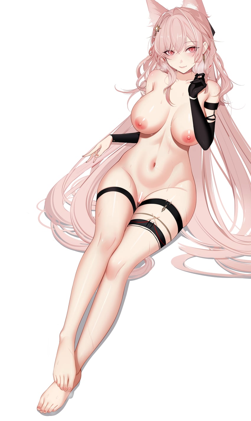 1girls, 2023, areolae, arknights, bare arms, bare breasts, bare legs, bare midriff, bare shoulders, barefoot, breasts, feet, female, gloves, large breasts, light skin, light-skinned female, long hair, looking at viewer, pink eyes, pink hair, pozyomka (arknights), simple background, smile, solo, thigh strap, thighs, toes, very long hair