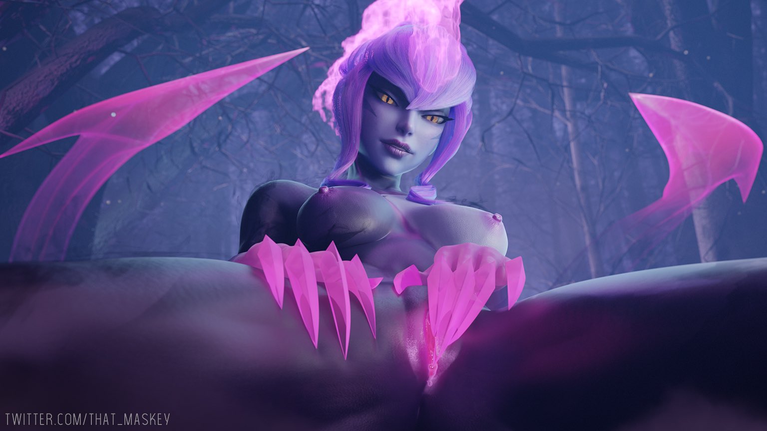 1girls, 3d, breasts, demon, evelynn, female, female only, league of legends, nipples, nude, nude female, purple hair, purple skin, pussy, solo, solo female, succubus, that maskey, yellow eyes