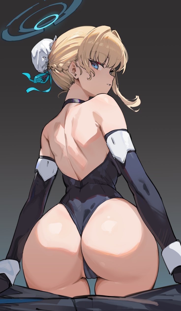 1girls, 2023, ass, ass focus, back, backless outfit, black gloves, blonde hair, blue archive, blue eyes, bow, braid, breasts, cleaning & clearing (blue archive), elbow gloves, female, fingerless gloves, from behind, gloves, halo, highres, huge ass, leotard, looking at viewer, maid headdress, millennium science school student, multicolored hair, simao (x x36131422), solo, streaked hair, thighs, toki (blue archive)