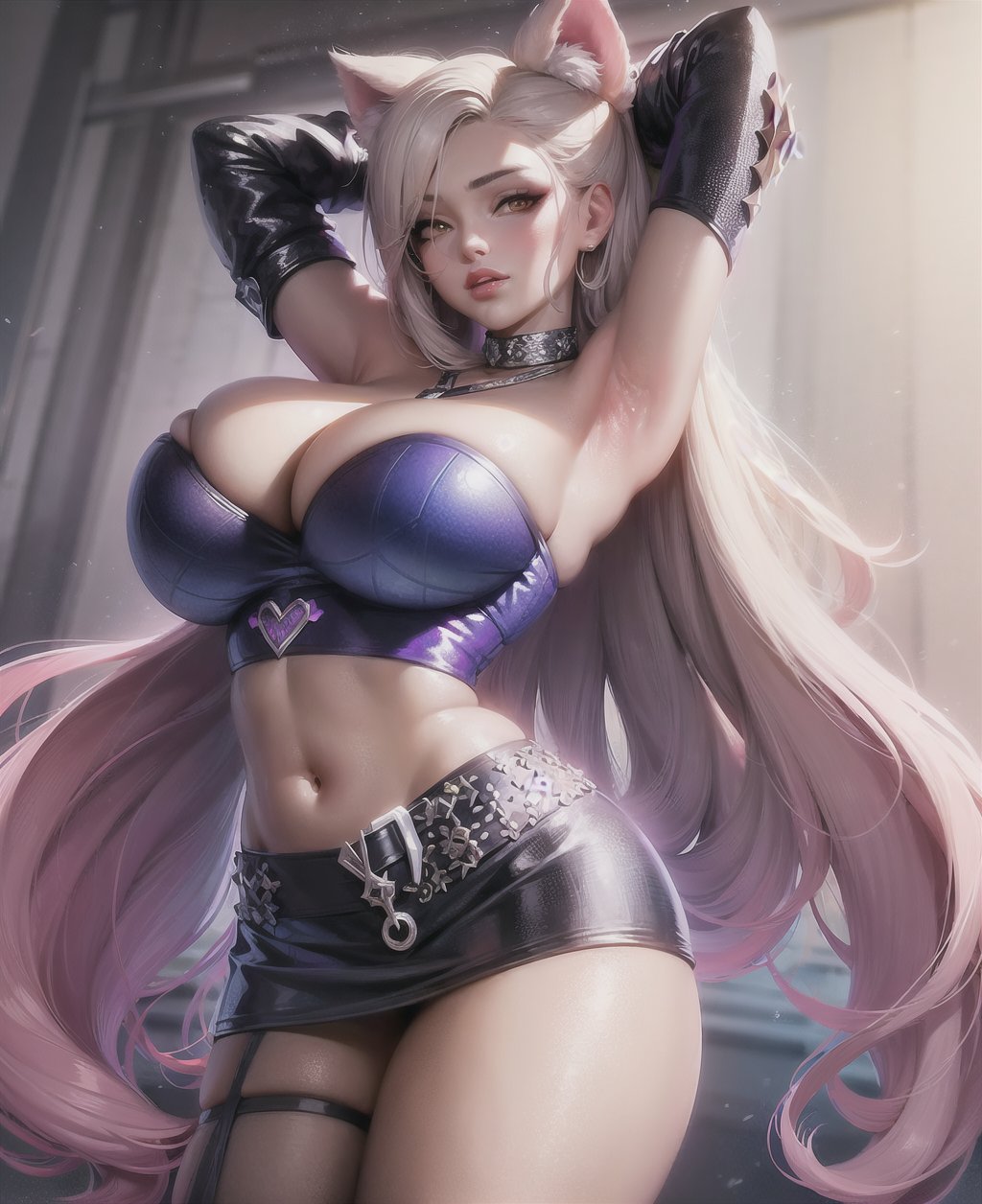 1girls, ai generated, animal ears, armpits, arms behind back, arms up, cat ears, cat girl, catgirl, curvaceous, curvy body, curvy female, curvy figure, female, hi res, highres, seductive look, skirt, stable diffusion, voluptuous female