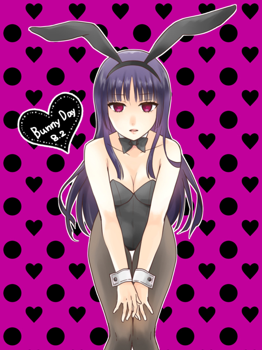 alternate_costume black_hair bowtie bunny_ears bunny_girl bunnysuit cleavage dark_blue_hair dark_hair dark_purple_hair detached_collar emotionless expressionless female female_only gintama hime_cut imai_nobume leaning_forward long_hair looking_at_viewer pantyhose pink_eyes playboy_bunny purple_background solo thigh_gap wrist_cuffs xryuki