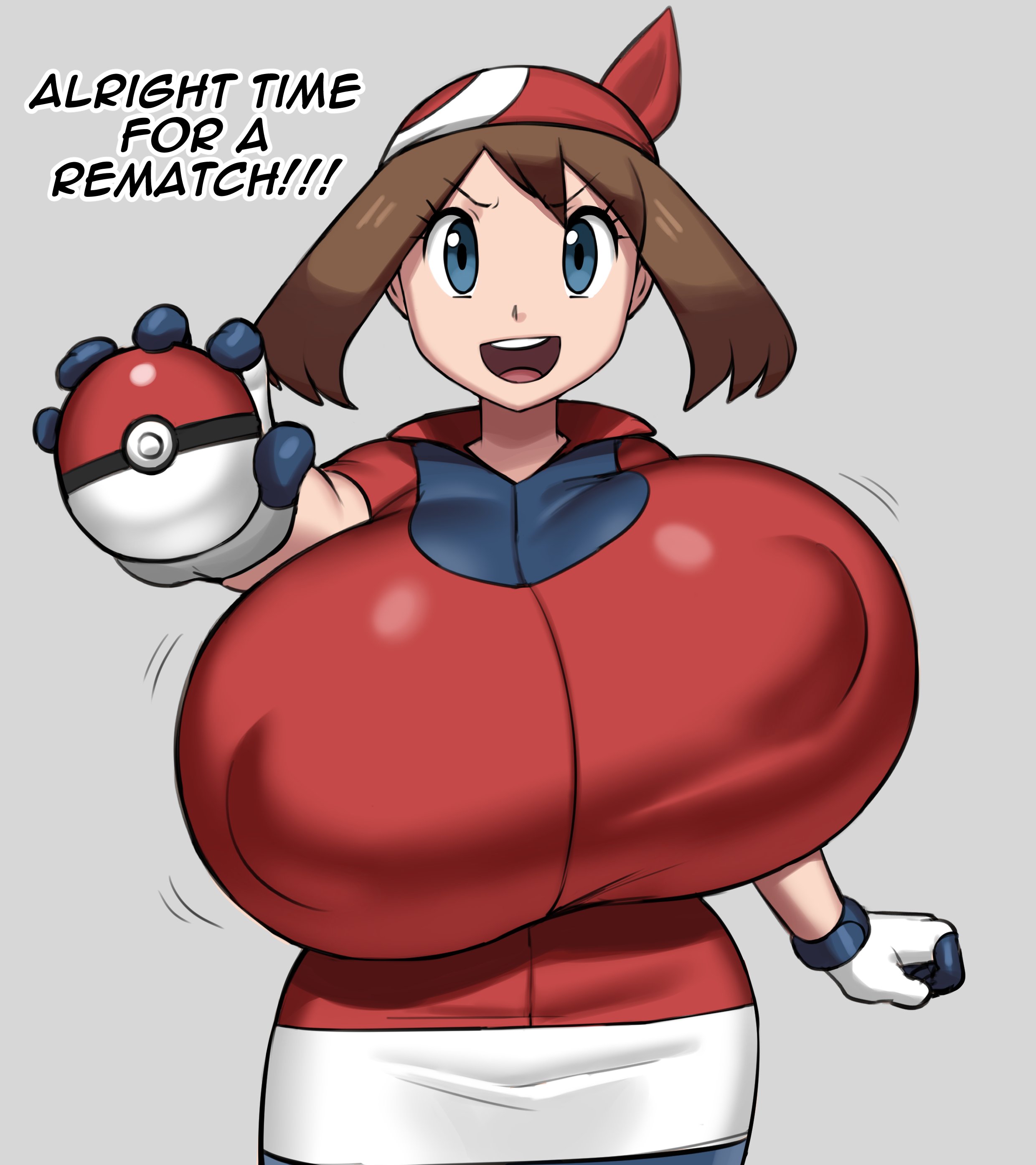 alternate breast size, bandana, big areola, big nipples, breasts, brown hair, female, female only, game freak, grey impact, holding object, huge breasts, human, hyper breasts, jpeg, large breasts, may (pokemon), nintendo, nipple bulge, pokeball, pokemon, pokemon rse, short hair, tight clothing, top heavy