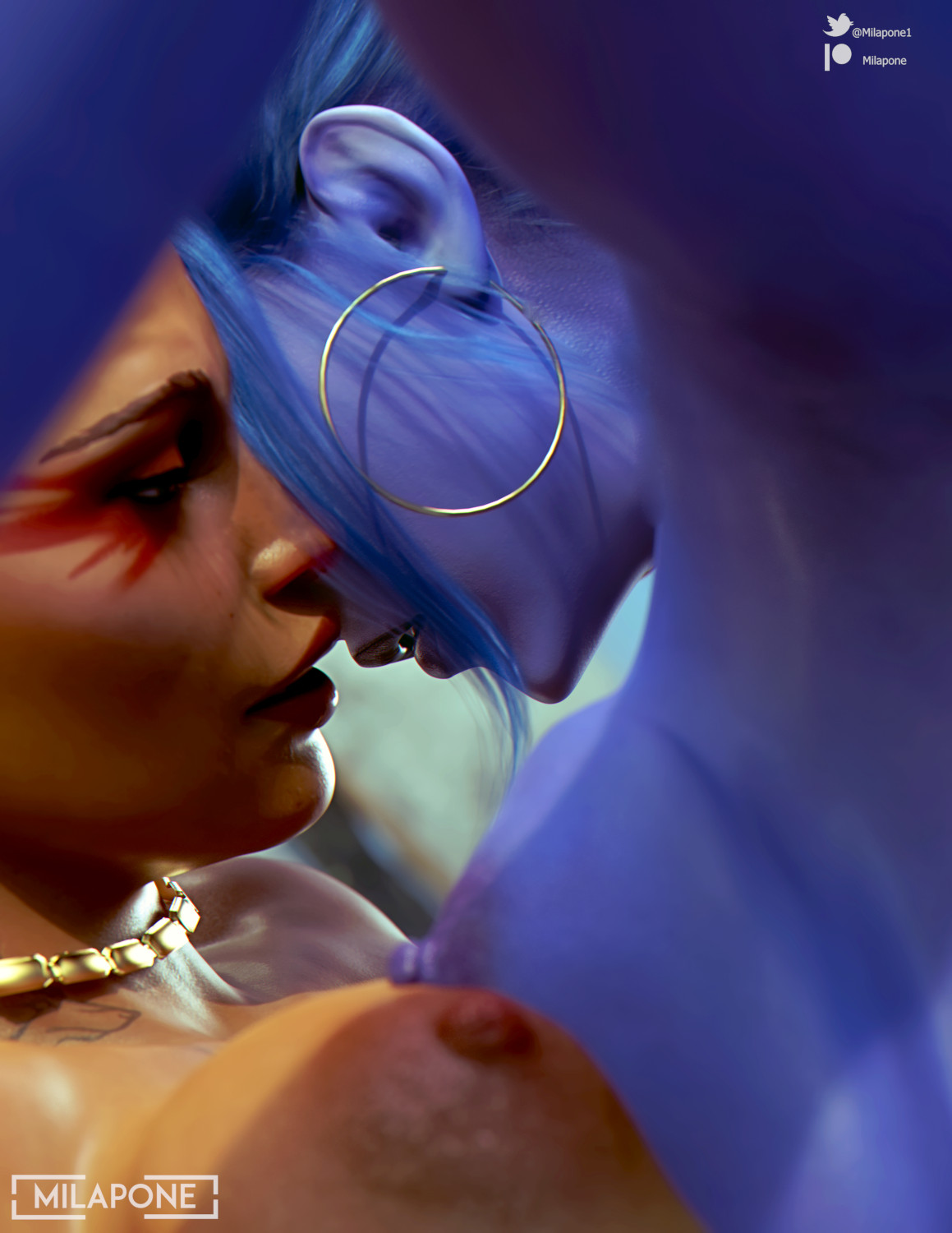 1girls, 3d, apex legends, big breasts, blizzard entertainment, blue skin, breasts, dark skin, dark-skinned female, erect nipples, female, licking, licking neck, loba (apex legends), long hair, milapone, naked, nipples, nude, overwatch, shiny skin, thick thighs, widowmaker, yuri