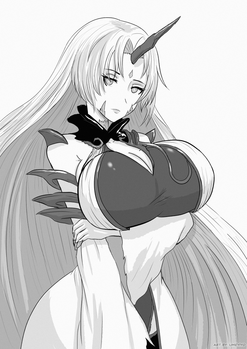 1girls arm_grab arm_under_breasts breasts cleavage detached_sleeves dress female female_only fire_emblem fire_emblem_heroes gullveig_(fire_emblem) horns hourglass_figure huge_breasts long_hair long_sleeves looking_at_viewer monochrome nintendo solo umeyiyo very_long_hair wide_hips