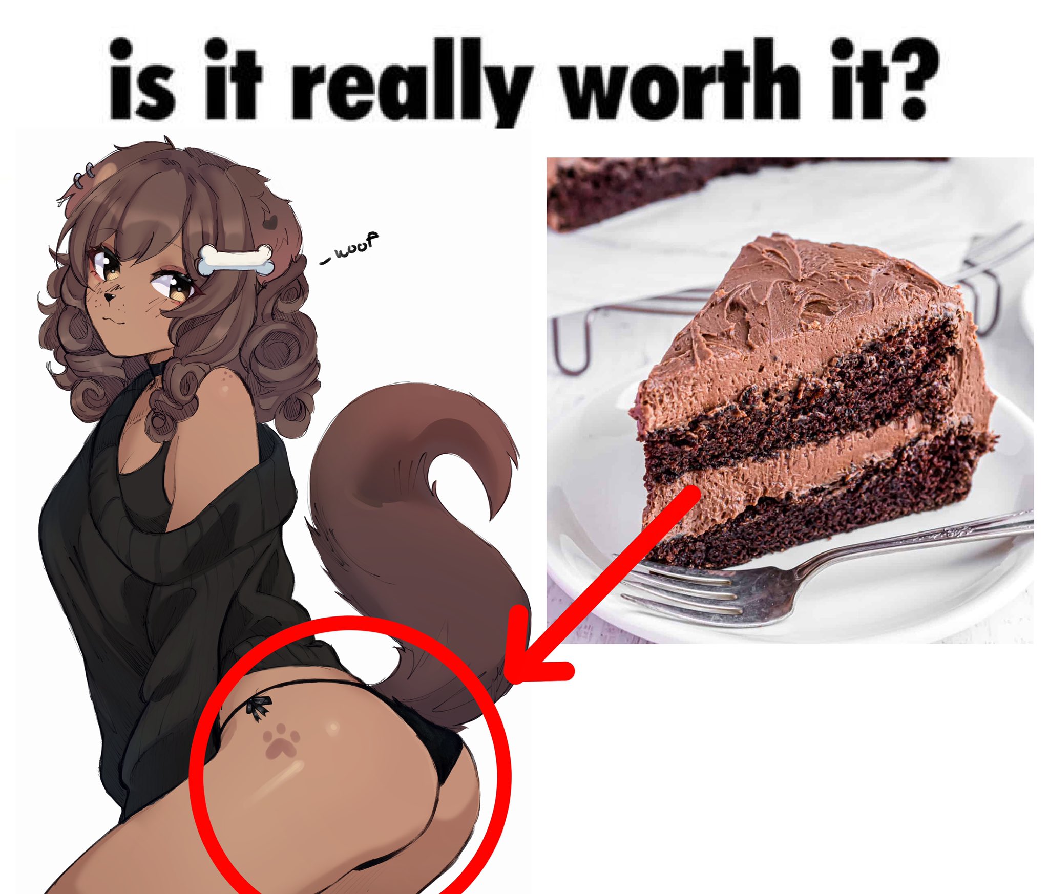 1girls, anthro, anthro only, ass, black clothing, black panties, black underwear, brown body, brown fur, brown hair, cake, canid, canine, canis, clothed, clothing, dessert, domestic dog, english text, female, food, fur, furry only, hair, hi res, looking at viewer, mammal, panties, puppyypawss, puppyypawss (artist), skimpy, smile, smiling at viewer, solo, sweater, text, topwear, underwear