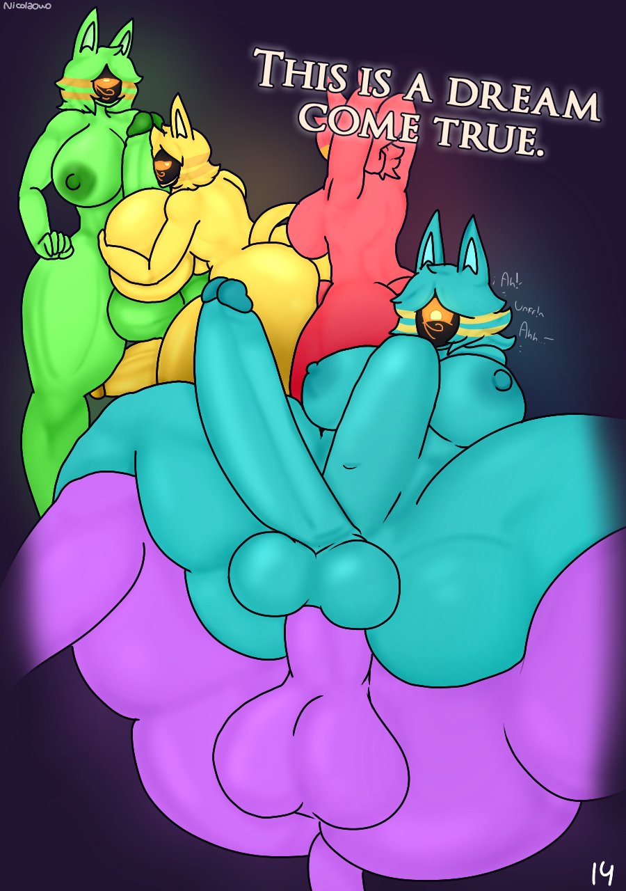 2d, 5futas, ass, backsack, balls, ballsack, big ass, big breasts, big penis, blue skin, blue-skinned futa, breasts, bubble ass, bubble butt, clone, comic, cyclops, dialogue, doppelganger, english text, erection, furry, futa on futa, futa only, futanari, green skin, huge ass, huge balls, huge cock, humanoid, humanoid penis, hung bottom, intersex, nicolaowo, nude, orgy, paizuri, penis, purple skin, red skin, sex, sitting, stomach bulge, text, thick thighs, wide hips, yellow skin