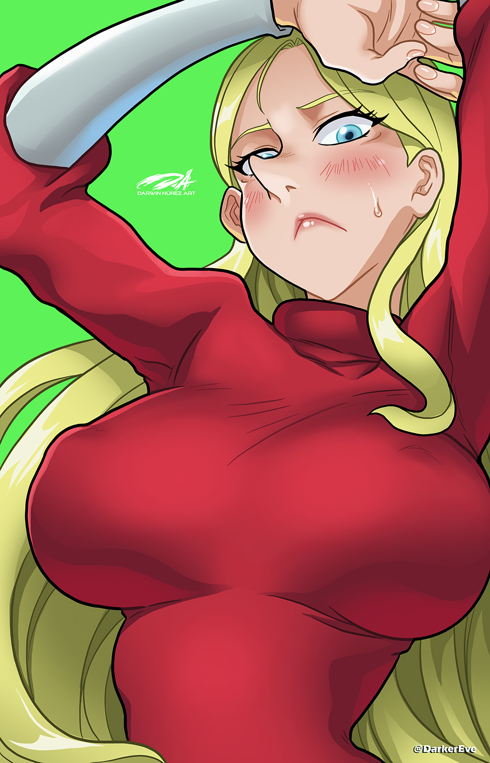 :<, 1girls, aqua eyes, big breasts, blonde hair, blush, breasts, darkereve, female, female only, green background, hi res, long hair, looking at viewer, nipple bulge, ousama ranking, pointy nose, queen hilling, solo, solo focus, viewed from below