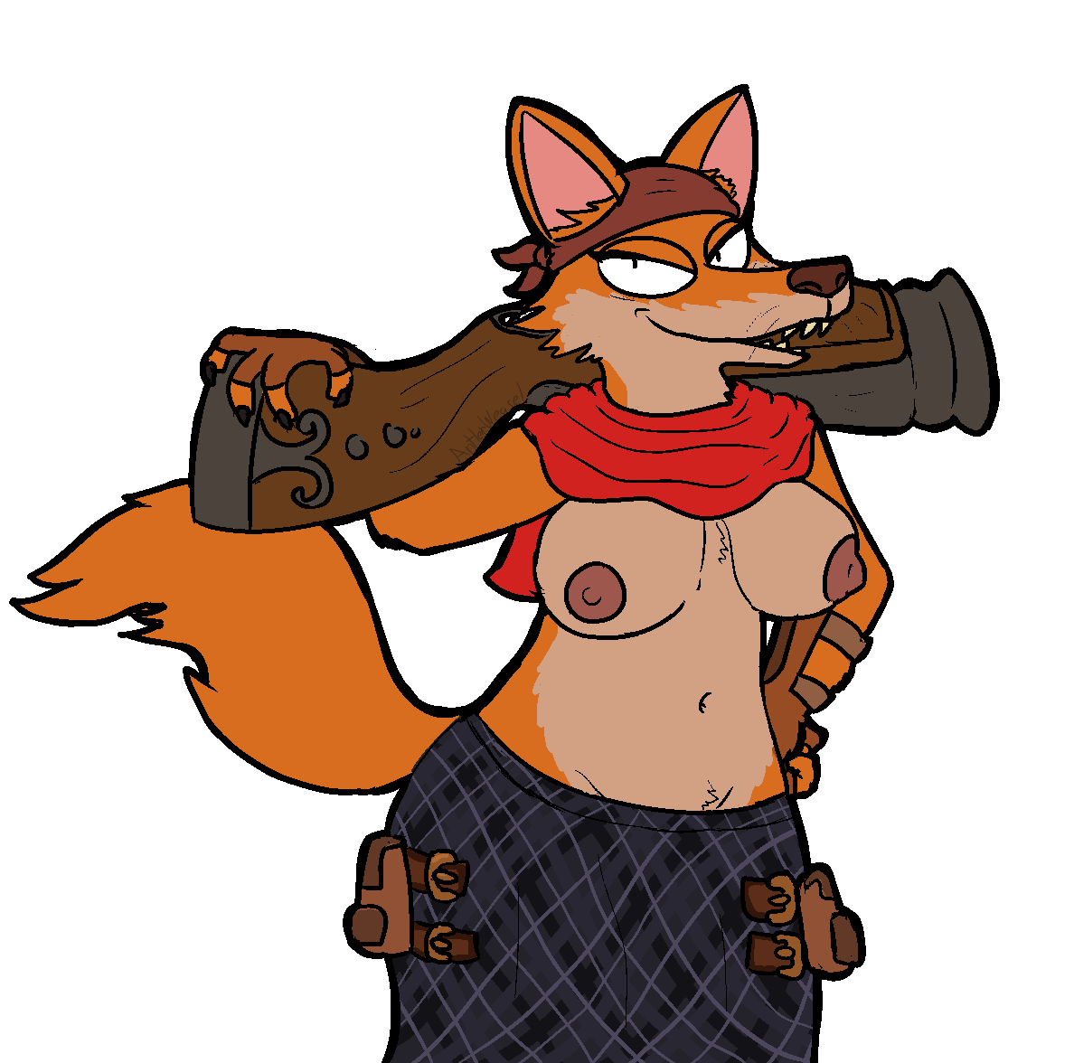 anthro areolae bandana black_nails bonnie_anne breasts canid chest_tuft fangs female fingerless_gloves fox furry gloves gun half-closed_eyes hand_on_hip illustratedinsanity kilt looking_at_viewer mammal musket orange_fur pirate101 pubic_tuft ranged_weapon red_fox sharp_teeth topless weapon whiskers wide_hips