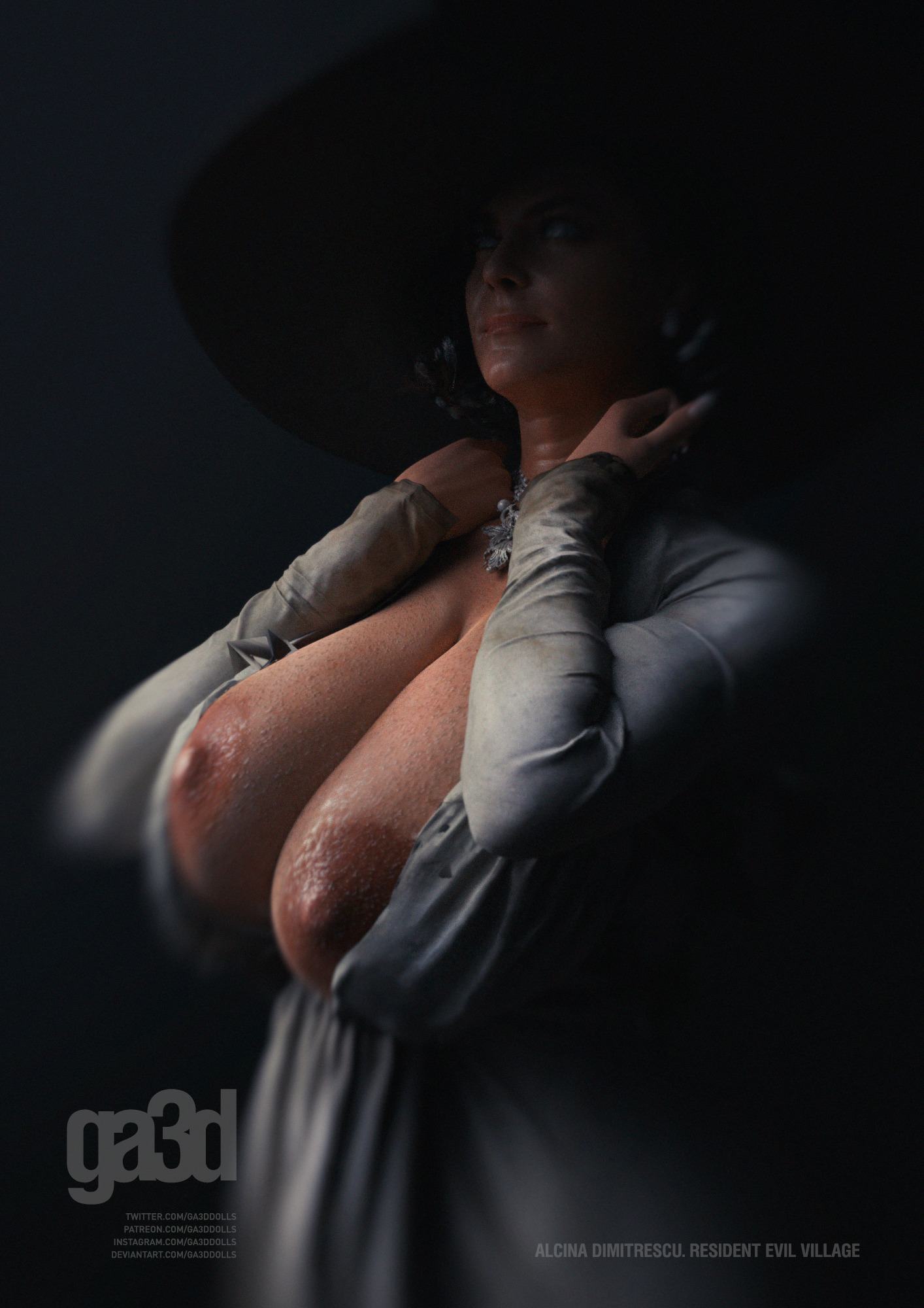 1girls, 3d, alcina dimitrescu, big breasts, black hair, black hat, breasts, breasts out, brown hair, capcom, exposed breasts, female, female only, ga3ddolls, hat, large breasts, lipstick, mature, mature female, milf, red lipstick, resident evil, resident evil 8: village, solo, solo female