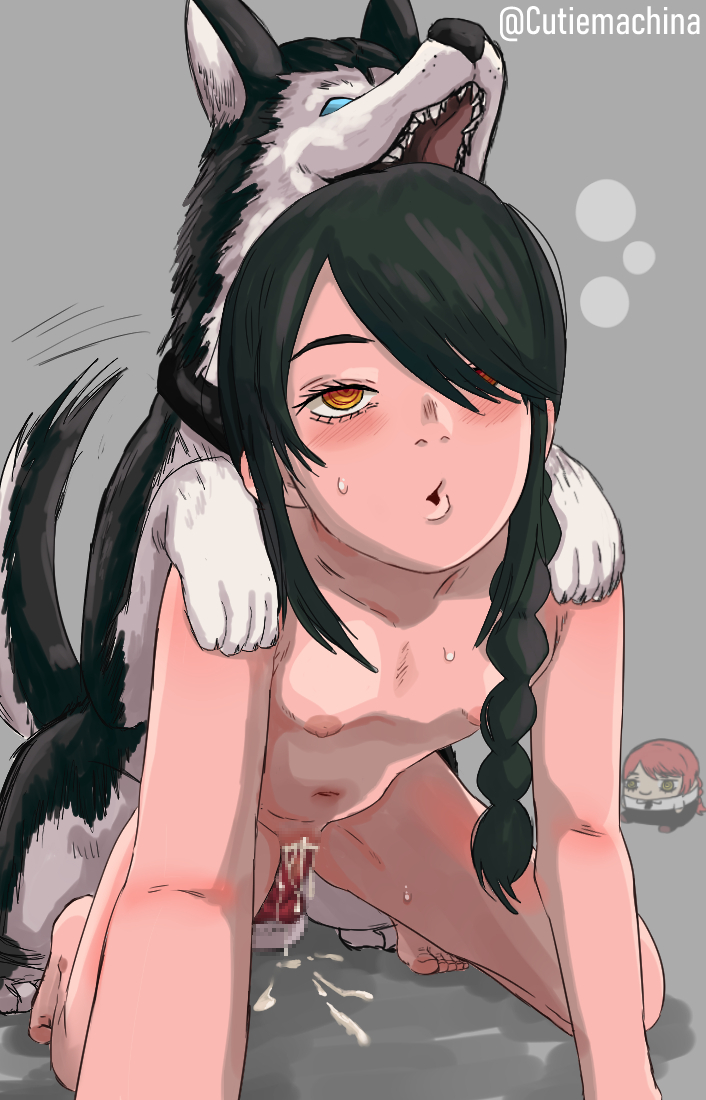 animal_genitalia black_hair braided_ponytail canine canine_penis censored chainsaw_man cum cutiemachina doggy_style knot nayuta_(chainsaw_man) pleasure_face small_breasts vaginal_penetration yellow_eyes young zoophilia