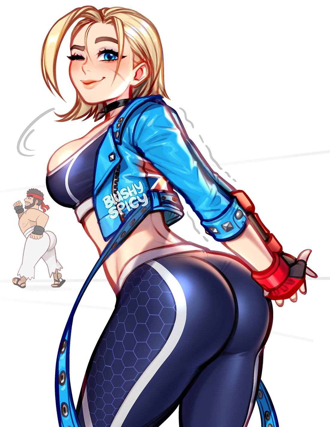 2023 ahoge animan animanstudios artist_name ass axel_in_harlem beard bent_back big_ass big_breasts blonde_hair blue_eyes blush blushypixy blushyspicy breasts bubble_butt cammy_white capcom choker cleavage coat cowlick eyelashes female fingerless_gloves fully_clothed gloves i_put_the_new_forgis_on_the_jeep jacket large_breasts lips looking_at_viewer looking_back_at_viewer meme nose ryu_(street_fighter) sandals scar scar_on_cheek short_blonde_hair short_hair sideboob smile solo_focus sports_bra sportswear standing street_fighter street_fighter_6 stretching text_on_jacket thick_thighs thighs tight_clothing tight_pants topwear trembling union_jack vamonos_de_fiesta_a_factory white_background wink winking winking_at_viewer yoga_pants