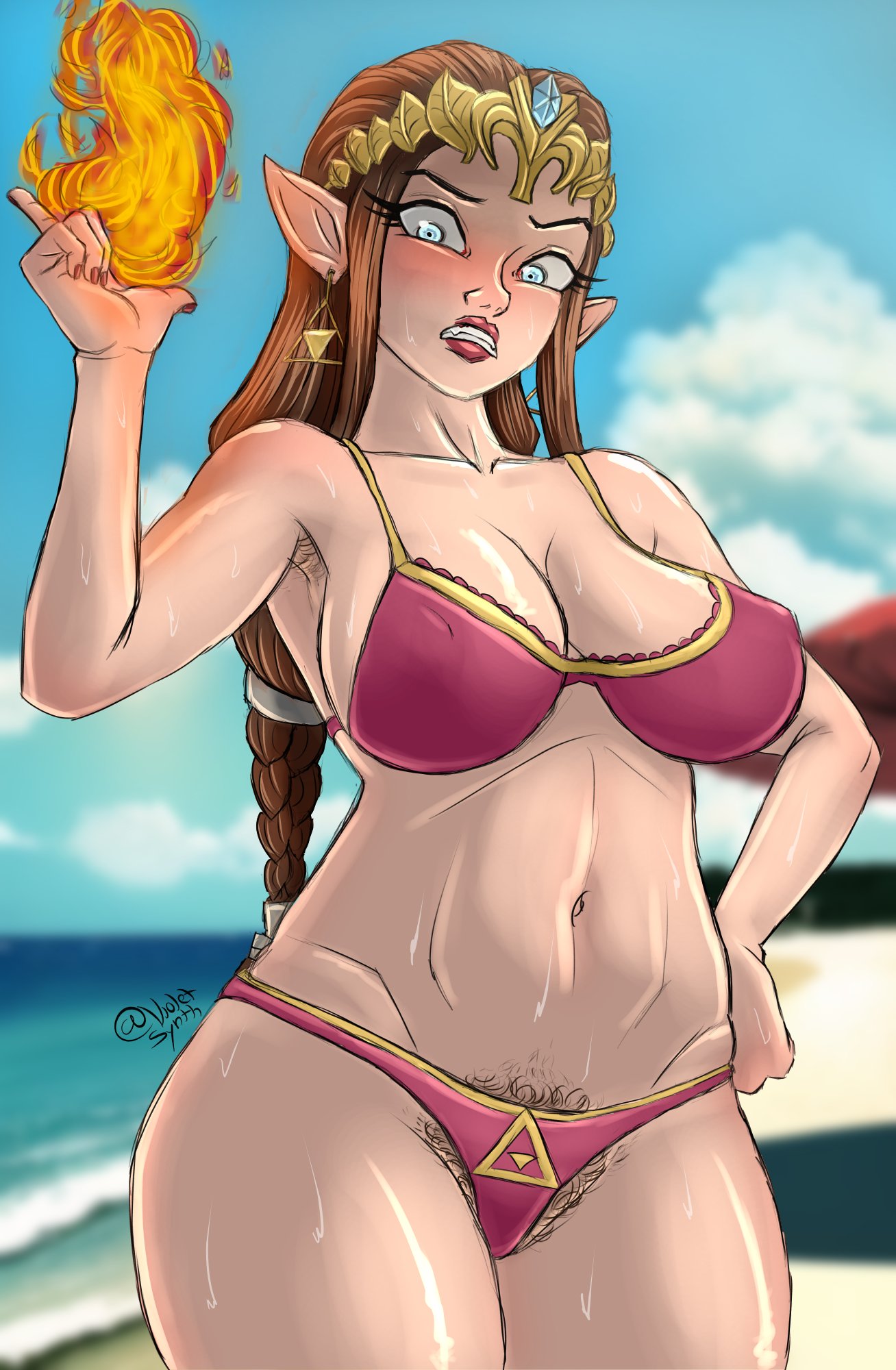 1girls, angry, armpit hair, beach, bikini, blush, breasts, brown hair, disgusted, earrings, female, female only, fire, light skin, light-skinned female, lips, lipstick, looking at viewer, looking down, medium breasts, nintendo, princess zelda, pubic hair, pubic hair peek, solo, solo female, sweat, tagme, the legend of zelda, thighs, twilight princess, violetsynth, zelda (twilight princess)