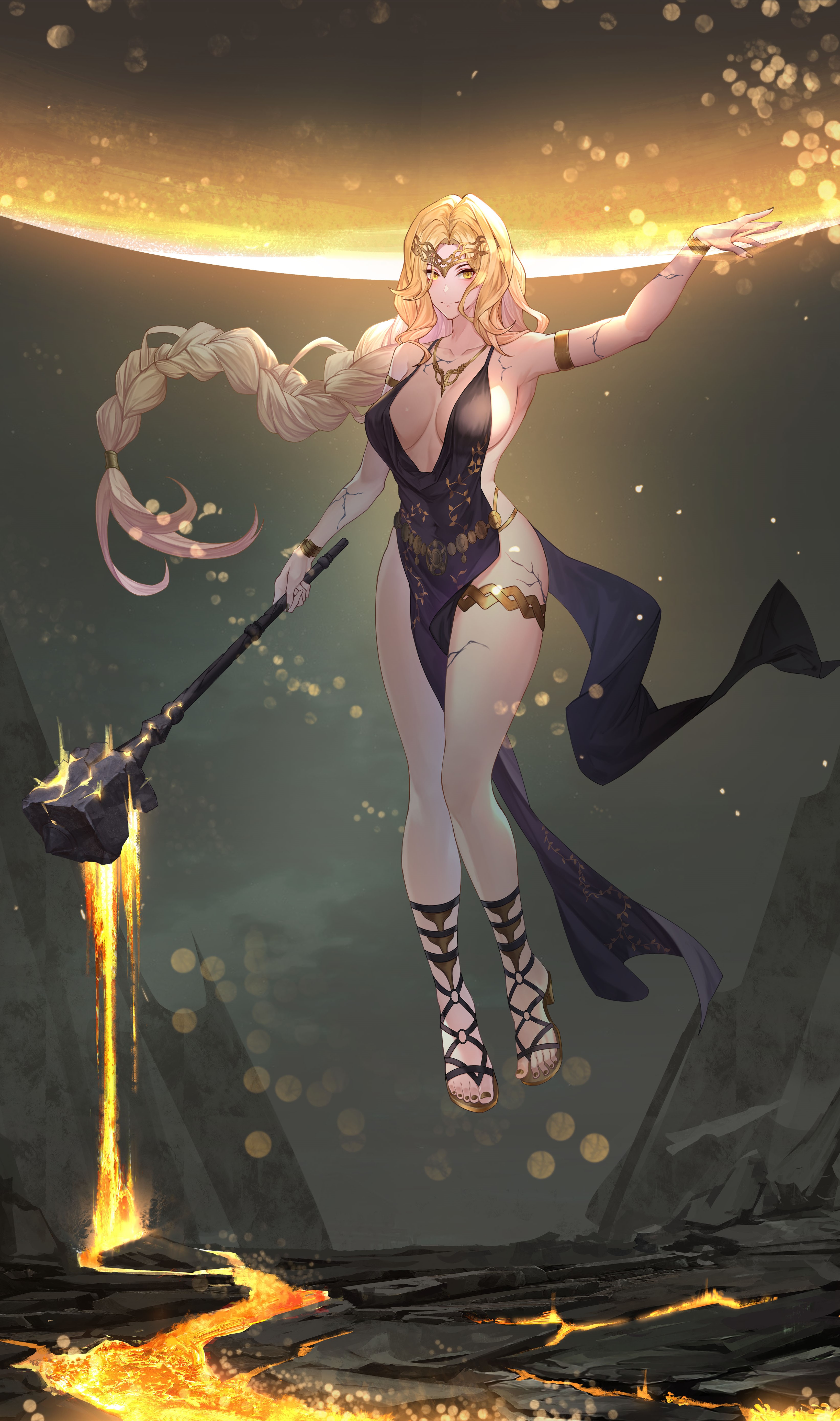 1girls, ass, big ass, big breasts, blonde hair, braid, breasts, elden ring, feet, female, female only, fromsoftware, hammer, heels, light skin, light-skinned female, marika's hammer, milf, pelvic curtain, queen marika the eternal, queen marika the eternal (fractured), radagon of the golden order, thick thighs, toes