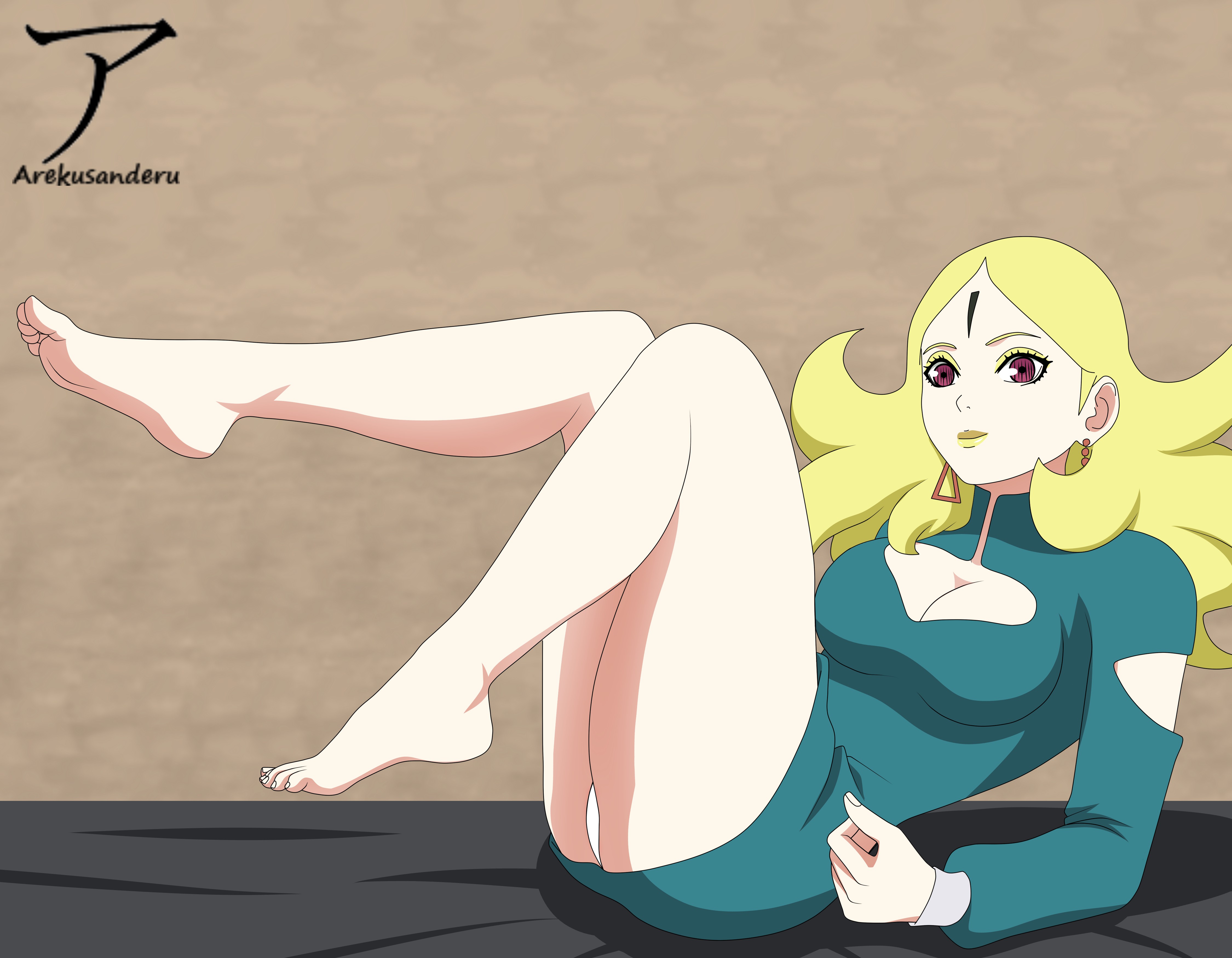 1girls, arekusanderu, bare legs, barefoot, big breasts, boruto: naruto next generations, breasts, center opening, delta (boruto), dress, earrings, female, female only, forehead mark, jewelry, knees up, leaning back, lipstick, long hair, looking at viewer, makeup, mascara, messy, messy hair, minidress, naruto, naruto (series), no bra, partially clothed, pink eyes, sitting, solo, solo focus, thick thighs, underwear, unusual anatomy, unusual eyes, unusual pupils, yellow hair