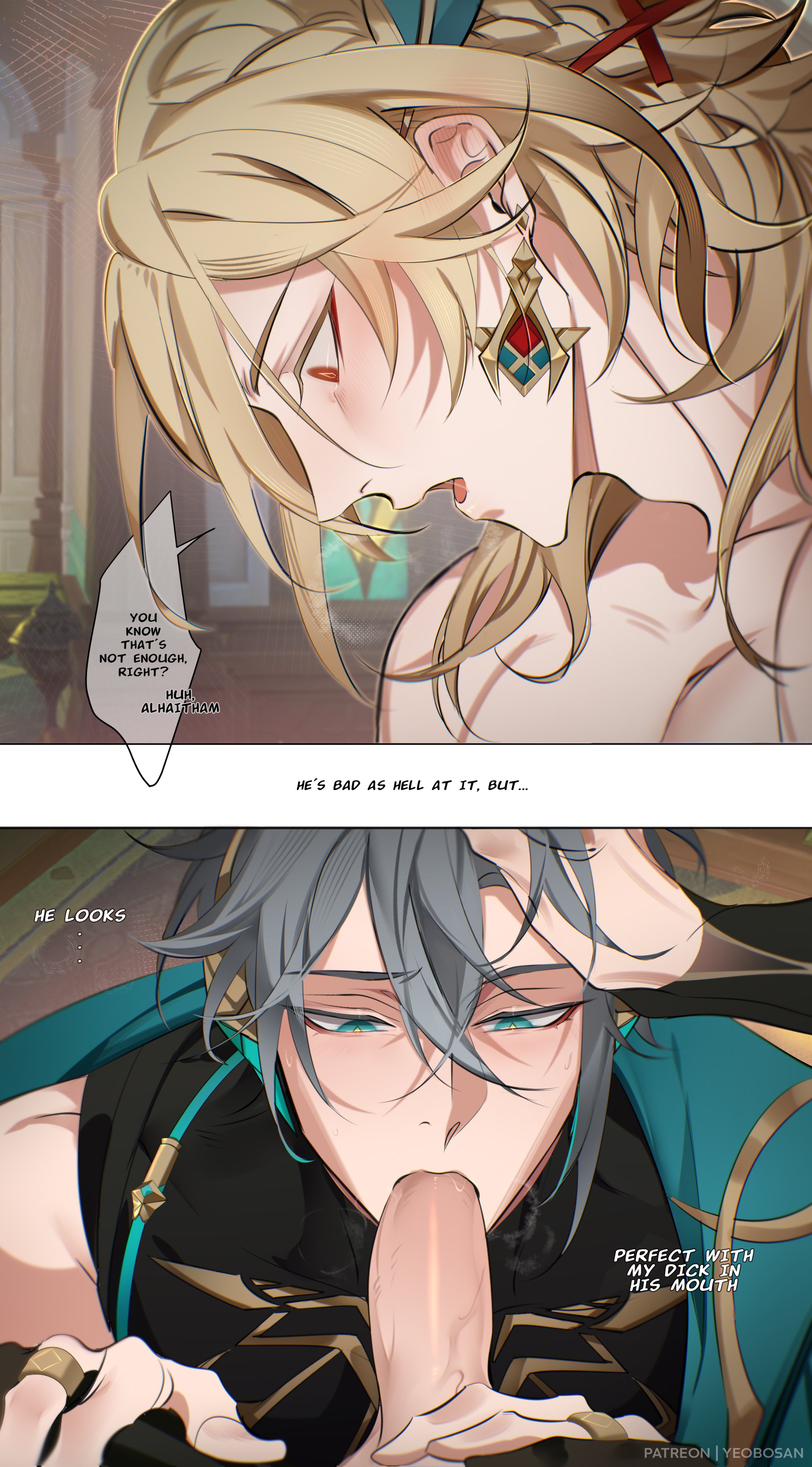 alhaitham (genshin impact), blowjob, blushing, gay, genshin impact, kaveh (genshin impact), male, penis, sucking penis