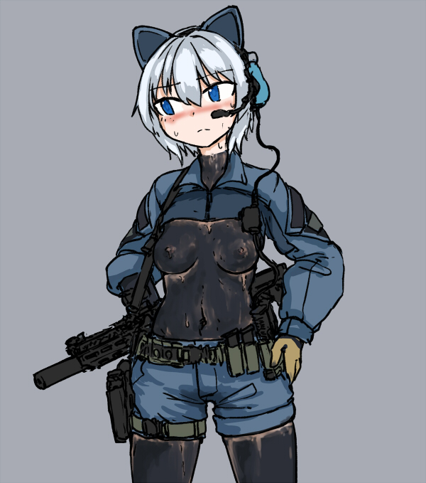 1girls assault_rifle blue_eyes blush bodypaint cat_ear_headphones dutchko female female_only headgear looking_away nipples original_character shorts silver_hair solo weapon