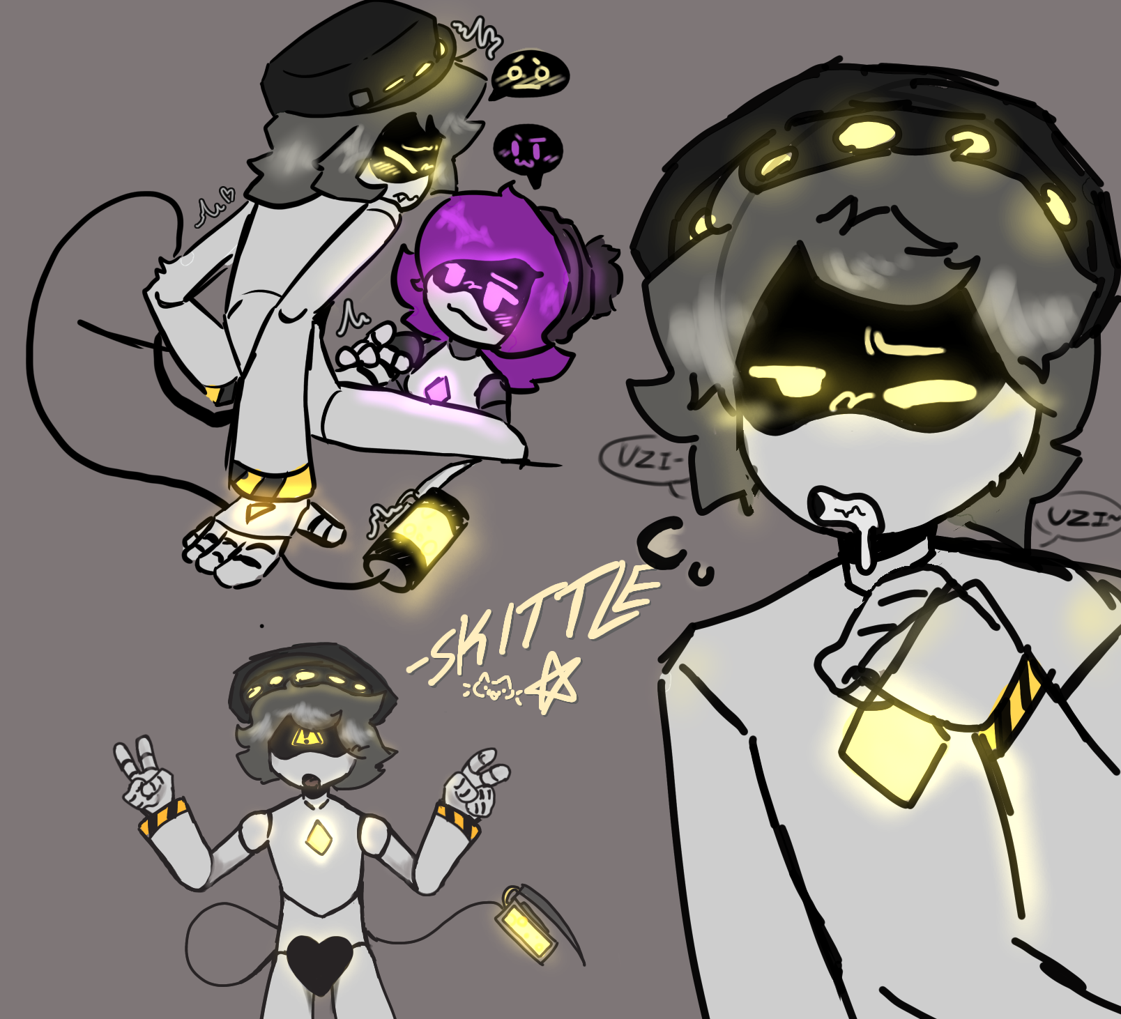 1boy, 1girls, 2d, artist request, beanie hat, black hair, blowjob, female, glitch productions, glowing, glowing eyes, grey hair, handjob, humanoid, humanoid female, humanoid male, k, male, male/female, moaning, murder drone, murder drones, n (murder drones), open mouth, purple hair, robot, robot boy, robot girl, robot humanoid, robot joints, robotic arm, robotic limb, screen face, tongue, tongue out, uzi (murder drones)