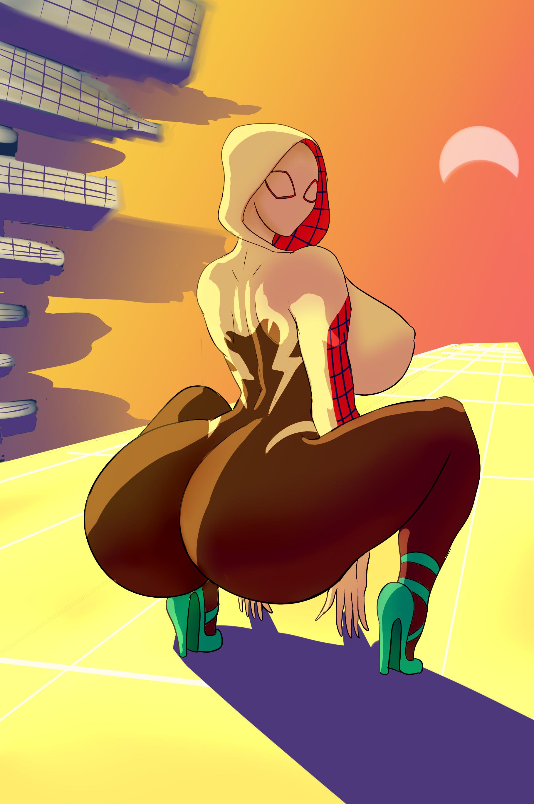 1girls, annon, ass, ass focus, big ass, big breasts, big butt, bimbo, bimbo body, breasts, curvy, fat ass, female, female only, gwen stacy, high heels, marvel, marvel comics, solo, spider-gwen, stiletto heels, superheroine, very high heels, voluptuous, wide hips